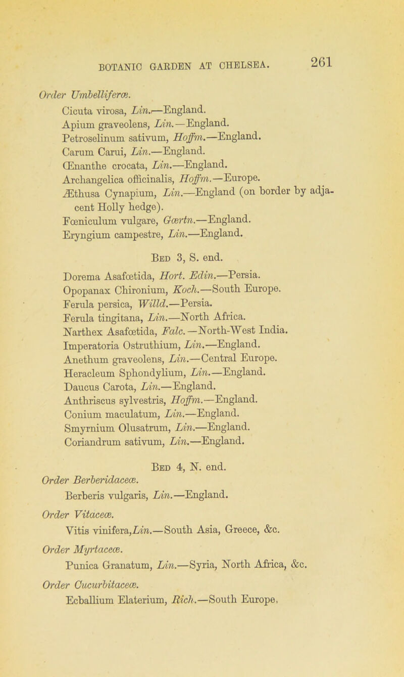 Order Umbelliferoi. Cicuta virosa, Lin.r—England. Apium graveolens, Lin.—England. Petroselinum sativum, Hoffm.—England. Carum Carui, Lin.—England. (Enanthe crocata, Lin.—England. Archangelica officinalis, Hoffm.—Europe. ACthusa Cynapium, Lin.—England (on border by adja- cent Holly hedge). Eoeniculum vulgare, Gcvrtn.—England. Eryngium campestre, Lin.—England. Bed 3, S. end. Dorema Asafoetida, Hort. Edin.—Persia. Opopanax Chironium, Kocli.—South Europe. Ferula persica, Willd.—Persia. Ferula tingitana, Lin.—North Africa. Narthex Asafoetida, Fade.—North-West India. Imperatoria Ostruthium, Lin.—England. Anethum graveolens, Lin.—Central Europe. Heracleum Sphondylium, Lin.—England. Daueus Carota, Lin.—England. Anthriscus sylvestris, Hoffm.—England. Conium maculatum, Lin.—England. Smyrnium Olusatrum, Lin.—England. Coriandrum sativum, Lin.—England. Bed 4, N. end. Order Berberidacece. Berberis vulgaris, Lin.—England. Order Vitaceoe. Vitis vinifera,Lin.—South Asia, Greece, &c. Order Myrtaceee. Punica Granatum, Lin.—Syria, North Africa, &c. Order Cucurbitacece. Ecballium Elaterium, Rich.—South Europe,