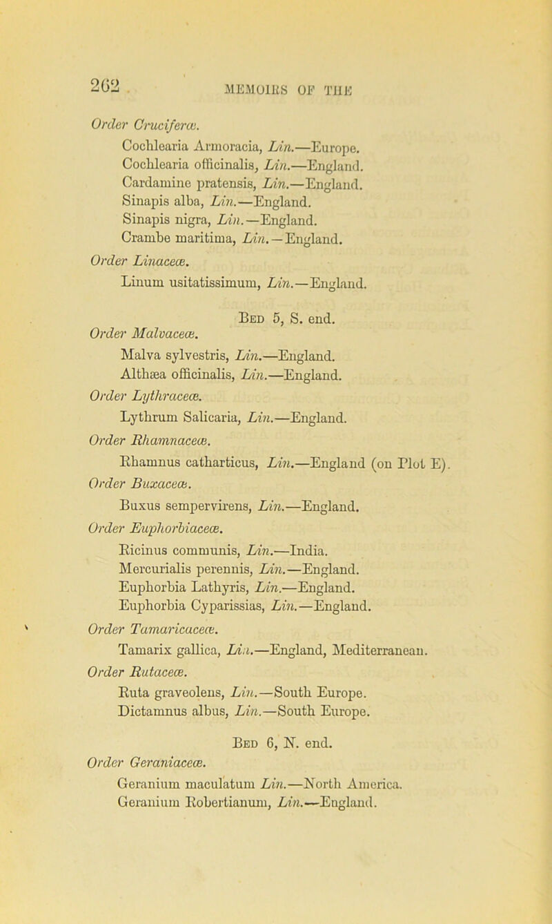 202 Order Cruciferai. Cochlearia Armoracia, Lin.—Europe. Coclilearia officinalis, Lin.—England. Cardamine pratensis, Lin.—England. Sinapis alba, Lin.—England. Sinapis nigra, Lin.— England. Crambe maritima, Aire.—England. Order Linacece. Linum usitatissimum, Lin.—England. Bed 5, S. end. Order Malvaceae. Malva sylvestris, Lin.—England. Althaea officinalis, Lin.—England. Order Lythracece. Lythrum Salicaria, Lin.—England. Order Rhamnaceae. Rhamnus catharticus, Lin.—England (on Plot Order Buxacece. Buxus sempervirens, Lin.—England. Order Euphorbiacece. Bicinus communis, Lin.—India. Mercurialis perennis, Lin.—England. Euphorbia Lathyris, Lin.—England. Euphorbia Cyparissias, Lin.—England. Order Tumaricacece. Tamarix gallica, Lin.—England, Mediterranean. Order Rutacece. Buta graveolens, Lin.—South Europe. Dictamnus albus, Lin.—South Europe. Bed 6, N. end. Order Geraniacece. Geranium maculatum Lin.—North America. Geranium Bobertianum, Lin.—England.