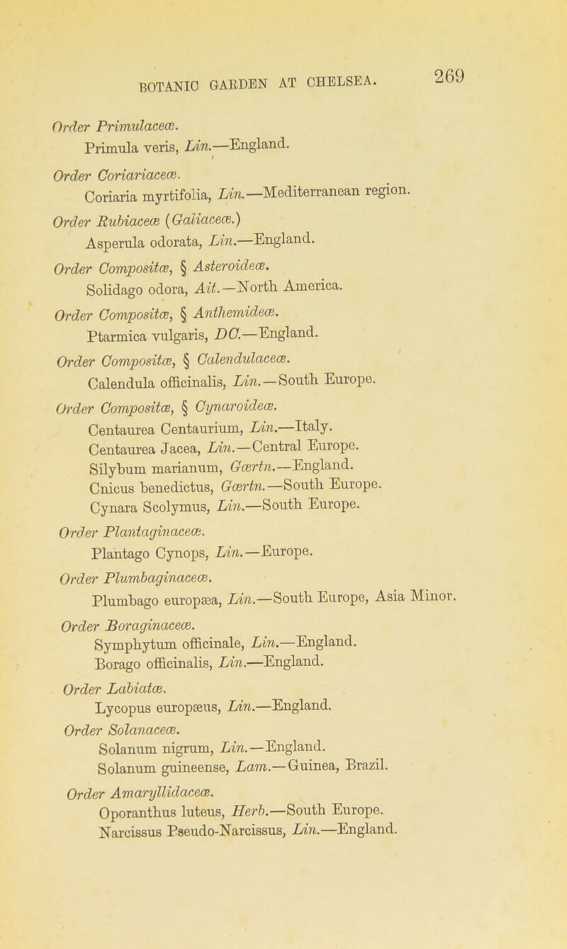 Order Primulacece. Primula veris, Lin.—England. Order Coriariaceai. Coriaria myrtifolia, Lin.—Mediterranean region. Order Rubiacece (Galiacece.) Asperula odorata, Lin.—England. Order Composites, § Asteroidsce. Solidago odora, Ait.—North America. Order Composites, § Anthemidece. Ptarmica vulgaris, DC.—England. Order Composites, § Calendulacece. Calendula officinalis, Lin.—South Europe. Order Composites, § Cynaroidem. Centaurea Centaurium, Lin.—Italy. Centaurea Jacea, Lin.—Central Europe. Silyhum marianum, Gcertn.—England. Cnicus henedictus, Gcertn.—South Europe. Cynara Scolymus, Lin.—South Europe. Order Plantaginacece. Plantago Cynops, Lin.—Europe. Order Plumbaginacece. Plumbago europtea, Lin.—South Europe, Asia Minor. Order Boraginacece. Symphytum officinale, Lin.—England. Borago officinalis, Lin.—England. Order Labiates. Lycopus europseus, Lin.—England. Order Solanacece. Solanum nigrum, Am.—England. Solanum guineense, Lam.— Guinea, Brazil. Order Amaryllidacece. Oporanthus luteus, Herb.—South Europe. Narcissus Pseudo-Narcissus, Lin.—England.