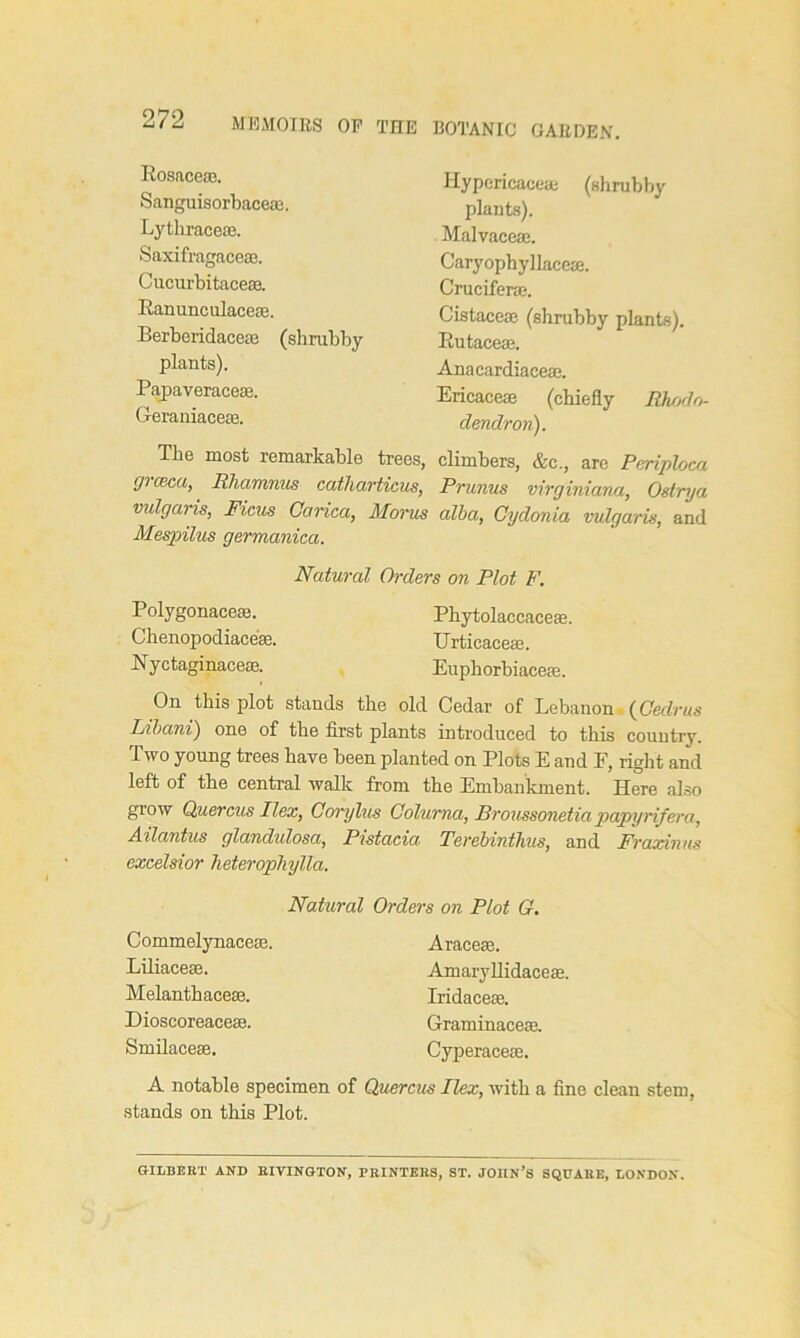 MEMOIRS OF THE BOTANIC GARDEN. Rosaceae. Sanguisorbaceae. Lythraceae. Saxifragaceae. Cucurbitaceae. Ranunculaceae. Berberidaceae (shrubby plants). Papaveraceas. Geraniaceae. The most remarkable trees, Iiypericaceae (shrubby plants). Malvaceae. Caryophyllaceae. Cruciferae. Cistaceae (shrubby plants). Rutaceae. Anacardiaceae. Ericaceae (chiefly Rhodo- dendron). climbers, &c., are Pcriploca <ji ceca, Rhamnus catharticus, Prunus virginiana, Ostrya vulgaris, Ficus Carica, Morns alba, Gydonia vulgaris, and Mespilus germanica. Natural Orders on Plot F. Polygonacea;. Pbytolaccaceae. Chenopodiace'se. Urticacese. Nyctaginaceae. Euphorbiacean On this plot stands the old Cedar of Lebanon (Cedrus Libani) one of the first plants introduced to this country. Two young trees have been planted on Plots E and F, right and left of the central walk from the Embankment. Here also grow Quercus Ilex, Corylus Colurna, Broussonetia papyri/era, Ailantus glandulosa, Pistacia Terebinthus, and Fraxinus excelsior heterophylla. Natural Orders on Plot G. Commelynaceae. Liliaceae. Melanthaceae. Dioscoreaceae. Smilaceae. Araceae. Amaryllidaceae. Iridaceae. Graminaceae. Cyperaceae. A notable specimen of Quercus Ilex, with a fine clean stem, stands on this Plot. GILBERT AND EIVINGTON, PRINTERS, ST. JOHN’S SQUARE, LONDON.