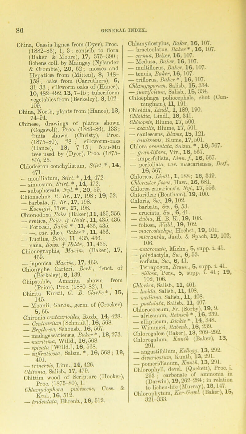 China, Cassia lignea from (Dyer), Proc. (1882-83), 1, 3; contrib. to flora (Baker & Moore), 17, 375-390 ; lichens coll, by Maingay (Nylander & Grombie), 20, 62; mosses and Hepatic® from (Mitten), 8, 148- 158; oaks from (Carruthers), 6, 31-33 ; silkworm oaks of (Hance), 10,482-492,13, 7-15 ; tuberiform vegetables from (Berkeley), 3,102- 109. China, North, plants from (Hance), 13, 74-94. Chinese, drawings of plants shown (Cogswell), Proc. (1883-86), 133; fruits shown (Christy), Proc. (1875-80), 28 ; silkworm-oaks (Hance), 13, 7-15; Nau-Mu tree used by (Dyer), Proc. (1875- 80), 25. Chiodecton conchyliatum, Stirt. * , 14, 471. .— moniliatum, Stirt. * , 14, 472. — sinuosum, Stirt. * , 14, 472. — subsphffirale, Nyl. * , 20, 59. Chionachne, if. Hr., 17, 198 ; 19, 52. — barbata, if. Br., 17, 198. — Koenigii, Thw., 17, 198. Chionodoxa, Boiss. (Baker),] 1, 435,356. — eretica, Boiss. cf Heldr., 11,435,436. — Porbesii, Baker * , 11,436, 435. , var. id®a, Baker * , 11, 436. — Lucili®, Boiss., 11, 435, 436. — nana, Boiss. f Heldr., 11, 435. Chionographis, Maxim. (Baker), 17, 469. — japonica, Maxim., 17, 469. Chionyphe Carteri, Berk., fruct. of (Berkeley), 8, 139. Chips table, Amanita shown from (Prior), Proc. (1880-82), 1. Ohirita Kurzii, C. B. Clarke*, 15, 145. — Moonii, Gardn., germ, of (Crocker), 5, 66. Chironia centaurioides, Roxb., 14, 428. — Centaurium [Schmidt], 16, 568. — Erythrcea, Schousb., 16, 567. — madagascariensis, Baker * , 18,273. — maritima, Willd., 16,568. — spicata [Willd.], 16, 568. — sicffruiicosa, Salzm. * , 16, 568 ; 18, 401. — trinervis, Linn., 14, 426. Chitonia, Salisb., 17, 479. Obittim wood of Scripture (Hooker), Proc. (1875-80), 1. Chlamydophora pubiscens, Coss. & Krai., 16, 512. — tridcntata, Ehrenb., 16, 512. Chlamydostylus, Baker, 16, 107. — bracteolatus, Baker * , 16, 107. — cernua, Baker, 16, 107. — Medusa, Baker, 16, 107. — multiflorus, Baker, 16, 107. — tenuis, Baker, 16, 107. — triflorus, Baker * , 16, 107. Chlamysporum, Salisb., 15, 334. — j unci folium, Salisb., 15, 334. Ohloephaga polioeephala, shot (Cun- ningham), 11,191. Ohloidia, Lindl., 1,189, 190. Chloidia, Lindl., 18, 341. Chloopsis, Blume, 17, 500. — acaulis, Blume, 17, 501. — canlescens, Blume, 15, 121. — caulescens, Blume, 17,501. Chlora cremlata, Salzrn. *, 16, 567. — gtandiflora, Yiv., 16, 567. — imperfoliata, Linn.f., 16, 567. — perfoliata, var. mascariensis, Desf., 16, 567. Chlor®a, Lindl., 1,188; 18, 349. Chloraster fissus, Haw., 16, 681. Chlorea canariensis, Nyl., 17,556. Chloride® (Bentham), 19, 100. Chloris, Sw„ 19, 102. — barbata, Sw., 6, 53. — cruciata, Sw., 6, 41. — dubia, H. B. K„ 19,108. — foliosa, Willd.. 19, 102. — macrostaehya, Hochst., 19,101. — micrantka, Jaub. & Spach, 19, 102, 106. — mucronata, Miclix., 5, supp. i. 41. — polydaetyla, Sw., 6, 53. — radiata, Sw., 6, 41. — Tetrapogon, Beauv., 5, supp. i. 41. — villosa, Pers., 5, supp. i. 41; 19, 102, 106. Chloriza, Salisb., 11, 401. — lucida, Salisb., 11, 408. — mediana, Salisb., 11, 408. — pustidata, Salisb., 11, 407. Chloroeoccum, Fr. (Sorby), 19 A). — africanum, Rcinsch * , 16, 239. — ellipticum, Dickie * , 14, 348. — Wimmeri, liabenh., 16, 239. Chlorogale® (Baker), 13, 209-292. Ohlorogalum, Kunth (Baker), 13, 291. — angustifolium, Kellogg, 13, 292. — divaricatum, Kunth, 13, 291. — pomeridianum, Kunth, 13, 291. Chlorophyll, devel. (Q.uekett), Proc. i. 293 ; carbonate of ammonia in (Darwin), 19,262-284; in relation to lic.beu-life (Murray), 18,147. Clilorophytum, Kcr-Gawl. (Baker), 15, 321-333.