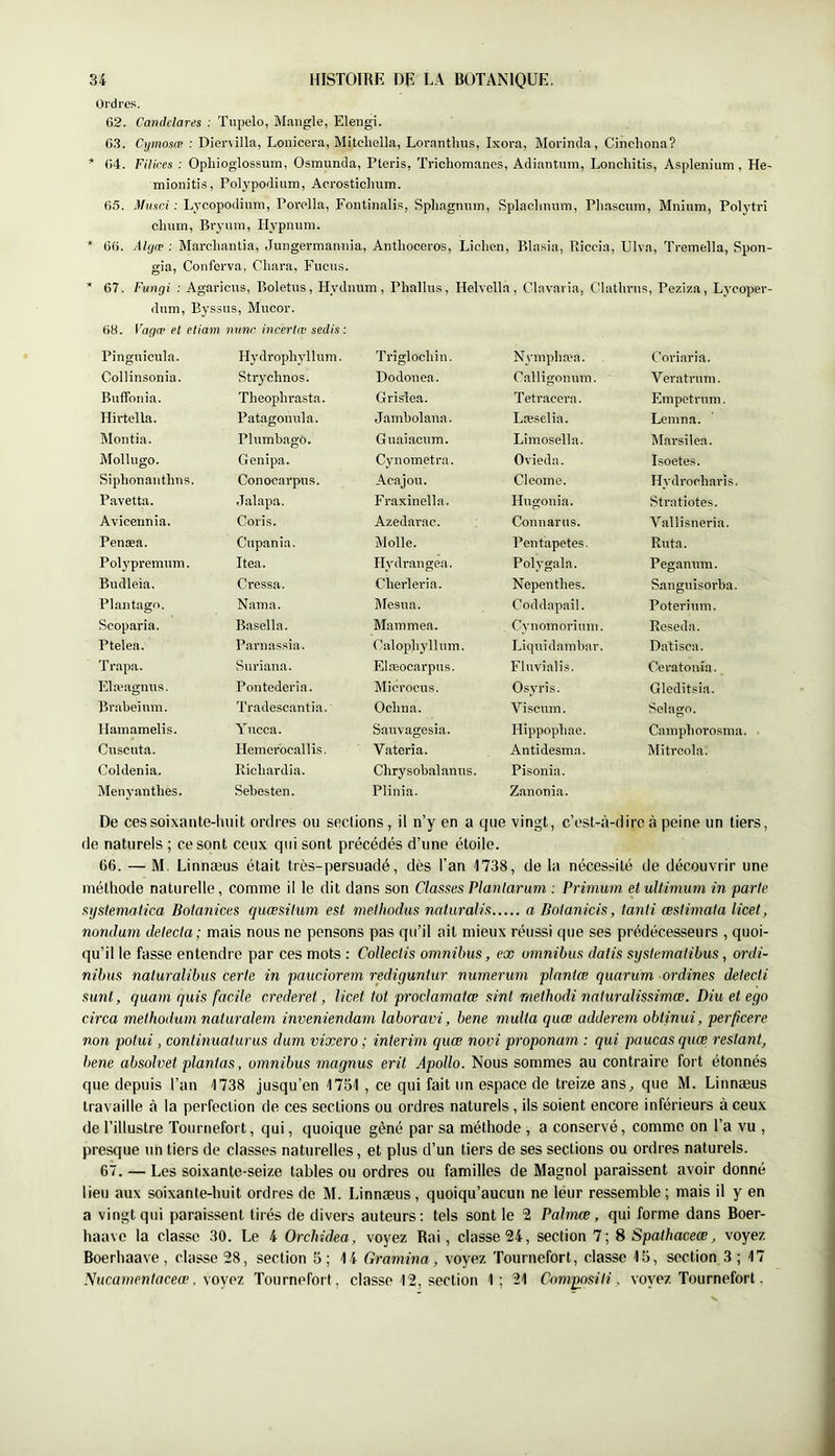 Ordres. 62. Candctares : Tupelo, Mangle, Elengi. 6.3. Cyinosæ ; Diervilla, Lonicera, Miteliella, Lorantlius, Ixora, Morinda, Cinchona? * 64. Filires : Opliioglossum, Osmunda, Pteris, Trichomanos, Adiantum, Loncliitis, Asplénium , He- mionitis, Polypodium, Aerosticlmm. 65. Mmci : Lycopodium, Poi’ella, Fontinalis, Spliagnnm, Splaolinum, Pliascum, Mnium, Polytri clium, Bryum, Hypnum. * 66. AIqit : Marchantia, Jungermannia, Antlioceros, Lichen, Blasia, Riccia, Ulva, Tremella, Spon- gia, Conferva, Chara, Fucus. * 67. Fu7igi : Agaricus, Boletus, Hydnum, Phallus, Helvella, Clavaria, Clathrns, Pezi/a, Lycoper- dnm, Bj’ssus, Mucor. 68. Vagæ et etiam nnnr incerln sedis : Pinguicula. Hydrophj'lliim. Triglochin. Nymphæa. Coriaria. Collinsonia. Strychnos. Dodonea. C.alligouum. Veratrum. Buffonia. Theophrasta. Grislea. Tetr.acera. Empetrum. Hii'tella. Patagonnla. Jambolaiia. Lœselia. Lemna. Moiitia. Plumbagô. Guaiaciim. Limosella. Marsilea. Mollugo. Genipa. Cynometra. Ovieda. Isoetes. Siplionaiitlms. Conoearpns. Acajou. Cleome. Hvdrochavis. Pavetta. Jalapa. Fraxinella. Hugonia. Stratiotes. Avicennia. Coris. Azedavae. Coniiarus. Vallisneria. Penæa. Cupania. Molle. Peiitapetes. Ruta. Polypremiim. Itea. Hydraugea. Polygala. Pegantim. Budleia. Cressa. Cherleria. Nepenthes. Sanguisorba. Plantagr». Nama. Blesna. Coddapail. Poterium. Scoparia. Basella. Mammea. Cynomorium. Roseda. Ptelea. Parnassia. Calophyllum. Liqnidambar. Datisca. T rapa. Siiriana. Elæocarpus. Fluvialis. Ceratoiiia. Elæagnns. Pontedcria. Microcus. Osyris. Gleditsia. Brabeinm. 'l'radesc.antia. Ochiia. Vi.scum. Selago. Hamamelis. A’ucca. Sauvagesia. Hippophae. Camphorosma. Cuscuta. Hemerocallis. Vateria. Antidesma. Mitrcola: Coldenia. Richardia. Chrysobalamis. Pisonia. Menyanthes. Sebesten. Plinia. Zanonia. De ces soixante-huit ordres ou sections, il n’y en a que vingt, c’est-à-dire à peine un tiers, de naturels ; ce sont ceux qui sont précédés d’une étoile. 66. — M. Linnæus était très-persuadé, dès l’an -1738, de la nécessité de découvrir une méthode naturelle, comme il le dit dans son Classes Planlarum : Primum elultimum in parte sj/slematica Botanices quœsitum est methodus naturaiis a Botanicis, tanti œstùvata licet, nondum delecla; mais nous ne pensons pas qu’il ait mieux réussi que ses prédécesseurs , quoi- qu’il le fasse entendre par ces mots : Collectis omnibus, ex omnibus dalis syslematibus, ordi- nibus naturalibus certe in pauciorem rediguntur nurnerum planiœ quarum ordines delecti sunl, quam quis facile crederet, licet tôt proclamatœ sinl rnethodi naturalissimœ. Diu et ego circa methodum naturalem inveniendam laboravi, bene multa quœ adderem obtinui, perficere non potui, continuaturus dum vixero ; intérim quœ novi proponam : qui paucas quœ restant, bene absolvet plantas, omnibus magnus erit Apollo. Nous sommes au contraire fort étonnés que depuis l’an OSS jusqu’en 1751 , ce qui fait un espace de treize ans^ que M. Linnæus travaille à la perfection de ces sections ou ordres naturels, ils soient encore inférieurs à ceux de l’illustre Tournefort, qui, quoique gêné par sa méthode , a conservé, comme on l’a vu , presque un tiers de classes naturelles, et plus d’un tiers de ses sections ou ordres naturels. 67. — Les soixante-seize tables ou ordres ou familles de Magnol paraissent avoir donné lieu aux soixante-huit ordres de M. Linnæus, quoiqu’aucun ne leur ressemble ; mais il y en a vingt qui paraissent tirés de divers auteurs: tels sont le 2 Palmœ, qui forme dans Boer- haave la classe 30. Le 4 Orchidea, voyez Rai, classe 24, section 7; 8 Spathaceœ, voyez Boerhaave, classe 28, section 5; 14 Gramina, voyez Tournefort, classe 15, section 3 ; 17 Wucamentaceœ, \oyoz Tournefort, classe 12, section 1; 21 Cnmpositi, voyez Tournefort.