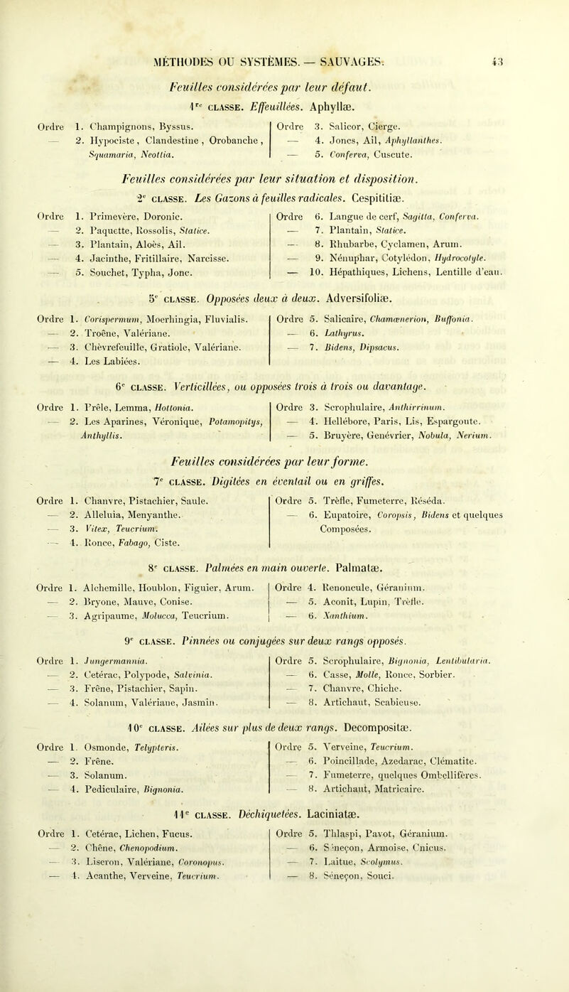Feuilles considérées par leur défaut. 1''' CLASSE. Effeuillées. Aphyllæ. Ordre 1. Champignons, Byssiis. 2. llypociste , Clandestine , Orobanclie , Sriuamaria, NeoUia. Ordre .3. Salicor, Cierge. — 4. Joncs, Ail, Aphyllanthes. — 5. Conferva, Cuscute. Feuilles considérées par leur situation et disposition. 2'CLASSE. Les Gazons à feuilles radicales. Cespititiæ. Ordre 1. Primevère, Doronic. 2. l’aquette, Rossolis, Stalice. 3. Plantain, Aloès, Ail. 4. Jacinthe, Fritillaire, Narcisse. 5. Souchet, Typha, Jonc. Oi'dre 6. Langue de cerf, SagiUa, Conferva. ■— 7. Plantain, Slatire. — 8. Khuharbe, Cyclamen, Arum. — 9. Nénuphar, Cotylédon, Hydrocolijle. — 10. Hépathiques, Lichens, Lentille d’eau. Ordre 1. Corispermum, Moerhingia, Fluvialis. — 2. Troène, Valériane. — 3. Chèvrefeuille, Gratiole, Valériane. — 4. Les Labiées. 5” CLASSE. Opposées deux ci deux. Adversifoliæ. Ordre 5. Salicaire, Chamœnerion, Buffonia. ■— 6. Lalhyrus. ■— 7. Bidens, Dipsacus. 6' CL.ASSE. Verticillées, ou opposées trois à trois ou davantage. Ordre 1. Prêle, Lemma, HoUonia. — 2. Les Aparines, Véronique, Potamopiiys, Anlhyltis. Ordre 3. Scrophulaire, Anthirrinum. — 4. Hellébore, Paris, Lis, Espargoute. — 5. Bruyère, Genévrier, Nobula, Nerium. Ordre 1. Chanvre, Pistachier, Saule. — 2. Alléluia, Menyanthe. — 3. Vitex, Teucrium. —■ 4. Ronce, Fabago, Ciste. Feuilles considérées par leur forme. 7' CLASSE. Digitées en éventail ou en griffes. Ordre 5. Trèfle, Fumeterre, Réséda. — 6. Eupatoirc, Coropsis, Bidens et quelques Composées. 8' CLASSE. Palmées en main ouverte. Palmatæ. Ordre 1. Alchemille, Houblon, Figuier, Arum. — 2. Bryone, Mauve, Conise. 3. Agripaume, Molucca, Teucrium. Ordre 4. Renoncule, Géranium. .— 5. Aconit, Lupin, TrèHe. .— 6. Xanlhium. 9' CLASSE. Pinnées ou conjugées sur deux rangs opposés. Ordre 1. Jungermannia. — 2. Cetérac, Polypode, Salvinia. — 3. Frêne, Pistachier, Sapin. — 4. Solanum, Valériane, Jasmin. Ordre 5. Scrophulaire, Bignonia, Lenlibularia. — 6. Casse, Molle, Ronce, Sorbier. — 7. Chanvre, Chiche. — 8. Artichaut, Scabieuse. lO' CLASSE. Ailées sur plus de deux rangs. Decompositæ. Ordre 1. Osmonde, Telypteris. — 2. Frêne. — 3. Solanum. — 4. Pédiculaire, Bignonia. Ordi'e 5. Verveine, Teucrium. 6. Poincillade, Azedarac, Clématite. 7. Fumeterre, quelques Ombellifères. - 8. Artichaut, Matricaire. 11' CLASSE. Déchiquetées. Laciniatæ. Ordre 1. Cetérac, Lichen, Fucus. 2. Chêne, Chenopodium. — 3. Liseron, Valériane, Coronopus. Ordre 5. Thlaspi, Pavot, Géranium. — 6. S'neçon, Armoise, Cnicus. — 7. Laitue, Scolymus.