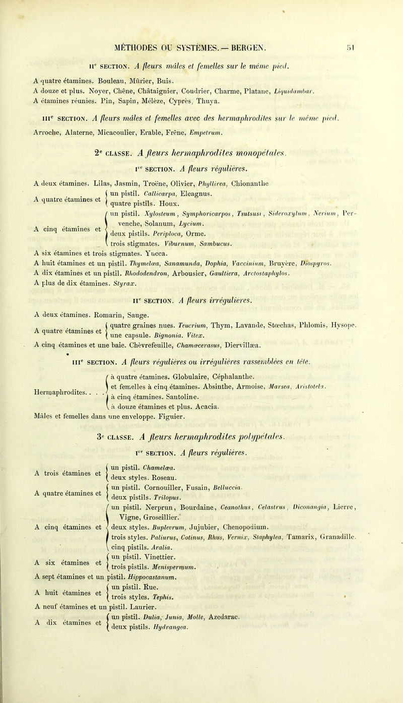 MÉTHODES Oü SYSTÈMES. —BERGEN. .'il SECTION. A fleurs mâles et femelles sur le même pied. A quatre étamines. Bouleau, Mûrier, Buis. A douze et plus. Noyer, Chêne, Châtaignier, Coudrier, Charme, Platane, Liquidainhar. A étamines réunies. Pin, Sapin, Mélèze, Cyprès, Thuya. in® SECTION. A fleurs mâles et femelles avec des hermaphrodites sur le méîne pie<l. Arroche, Alaterne, Micacoulier, Erable, Frêne, Empetrum. 2® CLASSE. A fleurs hermaphrodites mompétales. I'® SECTION. A fleurs régulières. A deux étamines. Lilas, Jasmin, Troène, Olivier, Phyllirea, Chionanthe Sun pistil. Callicarpa, Eleagnus. quatre pistils. Houx. un pistil. Xylosleum, Sympthoricarpos, Tsutsusi , Sideroxylum . \erium, l’er- venche, Solanum, Lycium. deux pistils. Periploca, Orme, trois stigmates. Viburnum, Sambucus. A six étamines et trois stigmates. Y'ueca. A huit étamines et un pistil. Tliymelœa, Sanamunda, Dophia, Vaccinium, Bruyère, Diospyros. A dix étamines et un pistil. Rhododendron^ Arbousier, GauUiera, Arcloslaphylos. A plus de dix étamines. Styrax. II' SECTION. A fleurs irrégulières. A cinq étamines et A deux étamines. Romarin, Sauge. i quatre graines nues. Teucrium, Thym, Lavande, Stœchas, Phlomis, Ilysope. 1 ■ IT. une capsule. Bignoma. Vttex. A cinq étamines et une baie. Chèvrefeuille, Chamæcerasus, Diervillæa. III' SECTION. A fleurs régulières ou irrégulières rasseiuhlées en tète. S à quatre étamines. Globulaire, Céphalanthe. et femelles à cinq étamines. Absinthe, Armoise, Marsea, Ai'istolep.i. I a cinq etammes. Saiitolme. \ ,à douze étamines et plus. Acacia. Mâles et femelles dans une enveloppe. Figuier. 3' CLASSE. A fleurs hermaphrodites poh/judales. i SECTION. A fleurs régulières. A trois étamines et ( un pistil. Chamelæa. ( deux styles. Roseau. Sun pistil. Cornouiller, Fusain, Belluccia. deux pistils. Tnlopus. un pistil. Nerprun, Bourdaine, Ceanothus, Celastrus, Diconanyia, Lierre, Vigne, Groseillier.' A cinq étamines et i deux styles. Buplevrum, Jujubier, Chenopodiuin. trois styles. Paliurus, Cotinus, Rhus, Vernix, Slaphylea, Tamarix, Granadillc. cinq pistils. Aralia. ( un pistil. Vinettier. A six étamines et î .. . . ... „ . trois pistils. Menisperrnum. A sept étamines et un pistil. Hippocastanum, ( un pistil. Rue. A huit étamines et J . . ^ m , ■ ( trois styles. Tephis. A neuf étamines et un pistil. Laurier. (un pistil. Dulia, Junia, Molle, Azedarac. deux pistils. Hydrangea. A dix étamines et