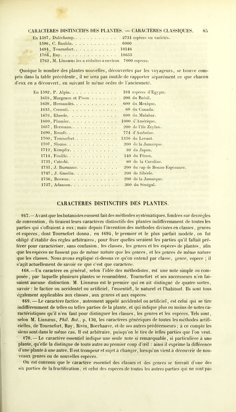 CAIUCTËKES DISTINCTIFS DES PLANTES. — CAIIACTÈHES CLASSIQUES. En 1587, Daléchamp 2731 espèce.'» ou variétés. 1596, C. Bauliin 6000 1694, Tournefort 10146 1704, Kay 18655 1762, M. Linnæus les a réduites à environ 7000 espèces. 8o Quoique le nombre des plantes nouvelles, découvertes par les voyageurs, se trouve com- pris dans la table précédente, il ne sera pas inutile de rapporter sé[)arémenl ce que chacun d’eux en a découvert, en suivant le meme ordre de rancienneté. En 1592, P. Alpin 1618 , Mai'grave et Pison 1628, Hernaiidès 1635, Cornuti 1678, Rlieede 1680, Plumier 1687 , Hermann 1690, Rumfe 1700, Tournefort 1707 , Sloane 1712, Kerapfer 1714, Feuille 1731, Catesbi 1731, J. Burmann. . . , 1747 , J. Gmelin 1756, Browne 1757, Adanson 184 espèces d’Egypte. 200 du Brésil. 600 du Mexique. 60 du Canada. 800 du Malabar. 1000 d’Amérique. 200 de Pile Zeylan. 774 d’Amboine. 1350 du Levant. 200 de la Jamaïque. 30 du Japon. 140 du Pérou. 60 de la Caroline. 200 du cap de Bonne-Espérance. 200 de Sibérie. 200 de la Jamaïque. 300 du Sénégal. CARACTERES DISTINCTIFS DES PLANTES. 167. —Avant que les botanistes eussent fait des méthodes systématiques, fondées sur des règles de convention, ils tiraient leurs caractères distinctifs des plantes indifféremment de toutes les parties qui s’olîraient à eux; mais depuis l’invention des méthodes divisées en classes, genres et espèces, dont Tournefort donna, en 1694, le premier et le plus parfait modèle, on fut obligé d’établir des règles arbitraires, pour fixer quelles seraient les parties qu’il fallait pré- férer pour caractériser, sans confusion, les classes, les genres et les espèces de plantes, afin que les espèces ne fussent pas de même nature que les genres, et les genres de même nature que les classes. Nous avons expliqué ci-dessus ce qu’on entend par classe, genre, espece ; il s’agit actuellement de savoir ce que c’est que caractère. 168. —Un caractère en général, selon l’idée des méthodistes, est une note simple ou com- posée, par laquelle plusieurs plantes se ressemblent. Tournefort et ses successeurs n’en fai- saient aucune distinction. M. Linnæus est le premier qui en ait distingué de quatre sortes, savoir : le factice ou accidentel ou artificiel, l’essentiel, le naturel et l’habituel. Ils sont tous également applicables aux classes, aux genres et aux espèces. 169. — Le caractère factice, autrement appelé accidentel ou artificiel, est celui qui se tire indifféremment de telles ou telles parties de la plante, et qui indique plus ou moins de notes ca- ractéristiques qu’il n’en faut pour distinguer les classes, les genres et les espèces. Tels sont, selon M. Linnæus, Phil. Bot., p. 130, les caractères génériques de toutes les méthodes artifi- cielles, de Tournefort, Ray, Rivin, Roerhaave, et de ses autres prédécesseurs ; à ce compte les siens sont dans le même cas. Tl est arbitraire, puisqu’on le tire de telles parties que l’on veut. 170. — Le caractère essentiel indique une seule note si remarquable, si particulière à une plante, qu’elle la distingue de toute autre au premier coup d’œil : ainsi il exprime la différence d’une plante à une autre. Il est trompeur et sujet à changer, lorsqu’on vient à découvrir de nou- veaux genres ou de nouvelles espèces. On est convenu que le caractère essentiel des classes et des gonies se tirerait d’une des six parties de la fructification, et celui des espèces de toutes les autres |»arties qui ne sont pas