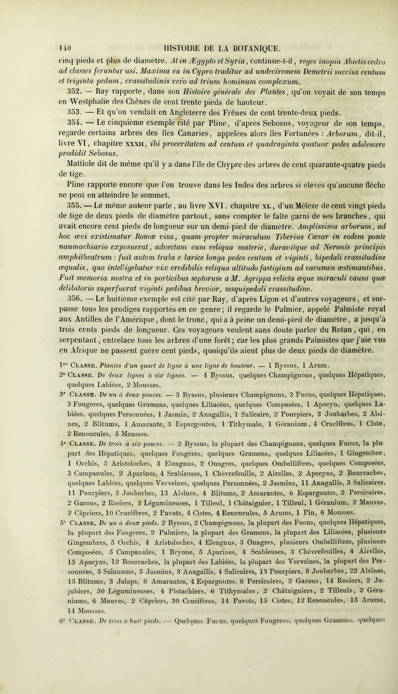cinq pieds et plus de diamètre. Alin Ægrjplo elSyria, continue-t-il, reges inopia AbkiisccJro ad clauses feruntur usi. Maxima ea m Cypro traditur ad undeciremem Demelrii succisa centum et triginta pedum, crassiiudinis vero ad trium hominum complexum. 352. — Ray rapporte, dans son Histoire générale des Plantes, qu’on voyait de son temps en Westphalie des Chênes de cent trente pieds de hauteur. 353. — Et qu’on vendait en Angleterre des Frênes de cent trente-deux pieds. 354. — Le cinquième exemple cité par Pline, d’après Sebosus, voyageur de son temps, regarde certains arbres des îles Canaries, appelées alors îles Fortunées : Arborum, dit-il, livre VI, chapitre xxxii, ibi proceritatem ad centum et quadraginta quatuor pedes adolescere prodidit Sebosus. Mattiole dit de même qu’il y a dans l’île de Chypre des arbres de cent quarante-quatre pieds de tige. Pline rapporte encore que l’on trouve dans les Indes des arbres si élevés qu’aucune flèche ne peut en atteindre le sommet. 355. — Le même auteur parle , au livre XVI. chapitre xl , d’un Mélèze de cent vingt pieds de tige de deux pieds de diamètre partout, sans compter le faîte garni de ses branches, qui avait encore cent pieds de longueur sur un demi-pied de diamètre. Amplissima arborum, ad hoc œvi existimatur Romæ visa, quam propter miraculum Tiberius Cœsar in eodem ponte naumachiario exposuerat, advectam cum reliqua materie, duravitque ad Neronis principis amphithealrum : fuit autem trabs e larice longa pedes centum et viginti, bipedali crassitudine œqualis, quo intelligebatur vix credibilis reliqua altitudo fastigium ad cacumen œstimantibus. Fuit memoria nostra et in porticibus septorum aM. Agrippa relicta œque miraculi causa quæ delibitorio superfuerat viginti pedibus brevior, sesquipedali crassitudine. 356. — Le huitième exemple est cité par Ray, d’après Ligon et d’autres voyageurs, et sur- passe tous les prodiges rapportés en ce genre; il regarde le Palmier, appelé Palmiste royal aux Antilles de l’Amérique, dont le tronc, qui a à peine un demi-pied de diamètre, a jusqu’à trois cents pieds de longueur. Ces voyageurs veulent sans doute parler du Rotan, qui, en serpentant, entrelace tous les arbres d’une forêt; car les plus grands Palmistes que j’aie vus en Afrique ne passent guère cent pieds, quoiqu’ils aient plus de deux pieds de diamètre. !'■' Classe. Plantes d’un quart de ligne à une ligne de hauteur. — 1 Byssus, 1 Arum. 2” Classe. De deux lignes à six lignes. — 4 Byssus, quelques Champignons, quelques Hépatiques, quelques I.abiées, 2 Mousses. .3' Classe. De un à deux pouces. — 3 Byssus, plusieurs Champignons, 3 Fucus, quelques Hépatiques, 3 Fougères, quelques Gramens, quelques Liliacées, quelques Composées, 1 Apocyn, quelques La- biées, quelques Personnées, 1 Jasmin, 2 Anagallis, 1 Salicaire, 2 Pourpiers, 3 Joubarbes, 2 Alsi- nes, 2 Blitums, 1 Amarante, 3 Espargoutes, 1 Titbymale, 1 Géranium, 4 Crucifères, 1 Ciste, 2 Renoncules, 5 Mousses. 4' Classe. De trois à six pouces. — 2 Byssus, la plupart des Champignons, quelques Fucus, la plu- part des Hépatiques, qirelques Fougères, quelques Gramens, quelques Liliacées, 1 Gingembre, 1 Orchis, 5 Aristoloches, 3 Eleagnus, 2 Onagres, quelques Ombellifères, quelques Composées, 3 Campanules, 2 Aparines, 4 Scabieuses, 1 Chèvrefeuille, 2 Airelles, 2 Apocyns, 2 Bourraches, quelques Labiées, quelques Verveines, quelques Personnées, 2 Jasmins, 11 Anagallis, 3 Salicaires, 11 Pourpiers, 3 Joubarbes, 13 Alsines, 4 Blitums, 2 Amarantes, 6 Espargoutes, 2 Persicaires, 2 Garous, 2 Rosiers, 3 Légumineuses, 1 Tilleul, 1 Châtaignier, 1 Tilleul, 1 Géranium, 2 Mauves, 2 Câpriers, 10 Crucifères, 2 Pavots, 4 Cistes, 4 Renoncules, 5 Arums, 1 Pin, 6 Mousses. S' Citasse. De un à deux pieds. 2 Byssus, 2 Champignons, la plupart des Fucus, quelques Hépatiques, la plupart des Fougères, 2 Palmiers, la plupart des Gramens, la plupart des Liliacées, plusieurs Gingembres, 5 Orchis, 4 Aristoloches, 4 Eleagnus, 5 Onagres, plusieurs Ombellifères, plusieurs Composées, 5 Campanules, 1 Bryone, 5 Aparines, 4 Scabieuses, 3 Chèvrefeuilles, 4 Airelles, 15 Apocyns, 12 Bourraches, la plupart des Labiées, la plupart des Verveines, la plupart des Per- sonnées, 5 Solanums, 5 Jasmins, 3 Anagallis, 4 Salicaires, 13 Pourpiers, 8 Joubarbes, 22 Alsines, 15 Blitums, 3 Jalaps, 8 Amarantes, 4 Espargoutes, 8 Persicaires, 2 Garous, 14 Rosiers, 2 Ju- jubiers, 50 Légumineuses, 4 Pistachiers, -6 Tithymalcs, 2 Châtaigniers, 2 Tilleuls, 2 Géra- niums, 6 Mauves, 2 Câpriers, 30 Crucifères, 14 Pavots, 15 Cistes, 12 Renoncules, 15 Arums, 14 Mousses. O Cl.vsse. De trois à huit pieds. — Q\ielques Fucus, quelques Fougères, quelques Gramens, (pielques
