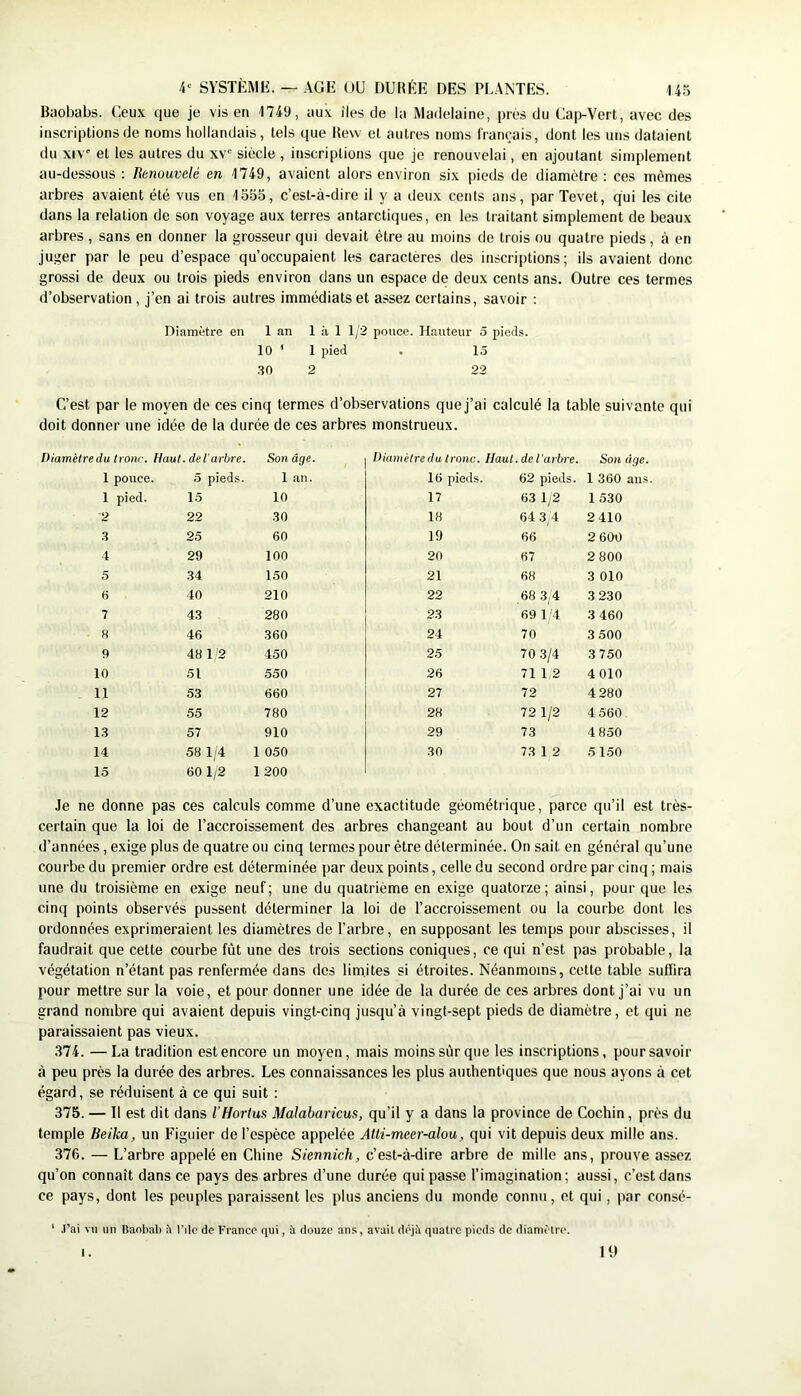 Buobabs. Ceux que je vis en 1749, aux îles de la Madelaine, prés du Cap-Vert, avec des inscriptions de noms hollandais, tels que Hew et autres noms français, dont les uns dataient du XIV' et les autres du xv' siècle , inscriptions que je renouvelai, en ajoutant simplement au-dessous; Renouvelé en 1749, avaient alors environ six pieds de diamètre: ces mêmes arbres avaient été vus en 1555, c’est-à-dire il y a deux cents ans, parTevet, qui les cite dans la relation de son voyage aux terres antarctiques, en les traitant simplement de beaux arbres, sans en donner la grosseur qui devait être au moins de trois ou quatre pieds, à en juger par le peu d’espace qu’occupaient les caractères des inscriptions; ils avaient donc grossi de deux ou trois pieds environ dans un espace de deux cents ans. Outre ces termes d’observation , j’en ai trois autres immédiats et assez certains, savoir : Diamètre en 1 an 1 à 1 1/2 pouce. Hauteur 5 pieds. 10 ' 1 pied . 15 .30 2 22 C’est par le moyen de ces cinq termes d’observations que j’ai calculé la table suivante qui doit donner une idée de la durée de ces arbres monstrueux. Diamètre du Ironr. Haut, de l'arbre. Son âge. Diamètredu tronc. Haut, de l’arbre. Son âge. 1 pouce 5 pieds. 1 an. 16 pieds. 62 pieds. 1 360 ans 1 pied. 15 10 17 63 1/2 1 530 2 22 30 18 64 3/4 2410 3 25 60 19 66 2 600 4 29 100 20 67 2 800 5 34 150 21 68 3 010 0 40 210 22 68 3,4 3 230 7 43 280 23 69 14 3 460 8 46 360 24 70 3 500 9 48 1 2 450 25 70 .3/4 3 750 10 51 550 26 71 1,2 4 010 11 53 660 27 72 4 280 12 55 780 28 72 1/2 4 560 13 57 910 29 73 4 850 14 58 1/4 1 050 30 73 1 2 5 1.50 15 60 1/2 1 200 ,Ie ne donne pas ces calculs comme d’une exactitude géométrique, parce qu’il est très- certain que la loi de l’accroissement des arbres changeant au bout d’un certain nombre d’années, exige plus de quatre ou cinq termes pour être déterminée. On sait en général qu’une courbe du premier ordre est déterminée par deux points, celle du second ordre par cinq ; mais une du troisième en exige neuf; une du quatrième en exige quatorze; ainsi, pour que les cinq points observés pussent déterminer la loi de l’accroissement ou la courbe dont les ordonnées exprimeraient les diamètres de l’arbre, en supposant les temps pour abscisses, il faudrait que cette courbe fût une des trois sections coniques, ce qui n’est pas probable, la végétation n’étant pas renfermée dans des limites si étroites. Néanmoins, cette table suffira pour mettre sur la voie, et pour donner une idée de la durée de ces arbres dont j’ai vu un grand nombre qui avaient depuis vingt-cinq jusqu’à vingt-sept pieds de diamètre, et qui ne paraissaient pas vieux. 374. —La tradition est encore un moyen, mais moins sur que les inscriptions, pour savoir à peu près la durée des arbres. Les connaissances les plus authentiques que nous ayons à cet égard, se réduisent à ce qui suit : 375. — Il est dit dans l’Horlus Malabaricus, qu’il y a dans la province de Cochin, près du temple Beika, un Figuier de l’espèce appelée AUi-meer-alou, qui vit depuis deux mille ans. 376. — L’arbre appelé en Chine Siennich, c’est-à-dire arbre de mille ans, prouve assez qu’on connaît dans ce pays des arbres d’une durée qui passe l’imagination; aussi, c’est dans ce pays, dont les peuples paraissent les plus anciens du monde connu, et qui, par consé- ‘ J’ai vu un Baobab è l’ilc de France qui, à douze ans, avait déjii quatre pieds de diamètre. 1. 19