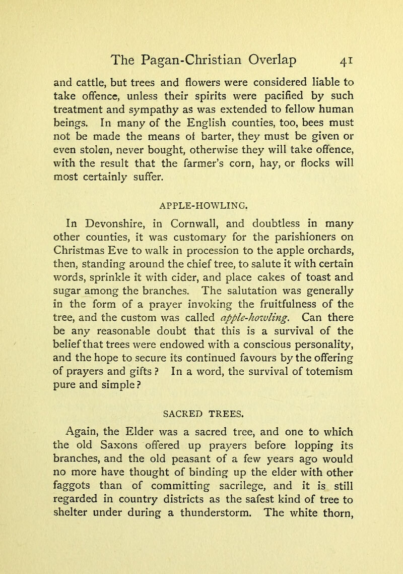 and cattle, but trees and flowers were considered liable to take offence, unless their spirits were pacified by such treatment and sympathy as was extended to fellow human beings. In many of the English counties, too, bees must not be made the means of barter, they must be given or even stolen, never bought, otherwise they will take offence, with the result that the farmer’s corn, hay, or flocks will most certainly suffer. APPLE-HOWLING. In Devonshire, in Cornwall, and doubtless in many other counties, it was customary for the parishioners on Christmas Eve to walk in procession to the apple orchards, then, standing around the chief tree, to salute it with certain words, sprinkle it with cider, and place cakes of toast and sugar among the branches. The salutation was generally in the form of a prayer invoking the fruitfulness of the tree, and the custom was called apple-hotvling. Can there be any reasonable doubt that this is a survival of the belief that trees were endowed with a conscious personality, and the hope to secure its continued favours by the offering of prayers and gifts ? In a word, the survival of totemism pure and simple ? SACRED TREES. Again, the Elder was a sacred tree, and one to which the old Saxons offered up prayers before lopping its branches, and the old peasant of a few years ago would no more have thought of binding up the elder with other faggots than of committing sacrilege, and it is still regarded in country districts as the safest kind of tree to shelter under during a thunderstorm. The white thorn.