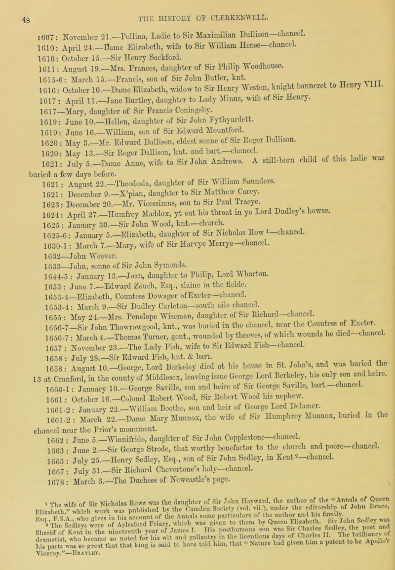 43 1607: November 21.—Polling, Ladic to Sir Maximilian Dullison—chancel. 1610: April 24.—Damo Elizabeth, xvifo to Sir William Ilensc—chancel. 1610: October 15.—Sir Henry Sackford. 1611: August 19.—Mrs. Prances, daughter of Sir Philip A\ oodhouse. 1615-6: March 15.—-Francis, son of Sir John Butler, knt. _ V1TT 1616: October 10.—Dame Elizabeth, widow to Sir Henry A\ eston, knight banneie o cm y 1617 : April 11.—Jane Burtley, daughter to Lady Minns, wile of Sir Henry. 1617—Mary, daughter of Sir Francis Coningsby. 1619: June 10.—Hellcn, daughter of Sir John Fythyardctt. 1619 : June 16.—William, son of Sir Edward Mountford. 1620 : May 3.—Mr. Edward Dallison, eldest sonne of Sir Pogcr Dallison. 1620: May 13.—Sir Roger Dallison, knt. and hart.—chancel. . 1621: July 5.—Dame Anne, wife to Sir John Andrews. A still-born child of this ladic was buried a few days before. 1621 : August 22.—Theodosia, daughter of Sir William Saunders. 1621: December 9.—X’pian, daughter to Sir Matthew Carey. 1623: December 20.—Mr. Viccssimus, son to Sir Paul Tracye. 1624: April 27.—Humfrcy Maddox, yt cut his throat in ye Lord Dudley’s howse. 1625 : January 30.—Sir John Wood, knt. church. 1625-6: January 5.—Elizabeth, daughter of Sir Nicholas How 1 chancel. 1630-1 : March 7.—Mary, wife of Sir Harvye Merrye—chancel. 1632— John Wccver. 1633— John, sonne of Sir John Symonds. 1644-5 : January 13.—Joan, daughter to Philip, Lord Wharton. 1653 : June 7.—Edward Zouch, Esq., slainc in the fieldc. 1653-4—Elizabeth, Countess Dowager of Exeter—chancel. 1653-4: March 9.—Sir Dudley Carlcton—south aile chancel. 1655 : May 24.—Mrs. Penelope Wiseman, daughter of Sir Richard chancel. 1656-7—Sir John Thowrowgood, knt., was buried in the chancel, near the Countess of Exeter. 1656-7 : March 4.—Thomas Turner, gent., wounded by theeves, of which wounds he died chance . 1657 : November 23.—The Lady Fish, wife to Sir Edward Fish chancel. 1658 : July 28.—Sir Edward Fish, knt. & ban. 1658: August 10.—George, Lord Berkeley died at his house in St. John’s, and was buried t o 13 at Cranford, in the county of Middlesex, leaving issue George Lord Berkeley, Ins only son and heire. 1660- 1 : January 10.—George Savillc, son and heire of Sir George Savillc, hart—chancel. 1661 : October 16.—Colonel Robert Wood, Sir Itobert A\ ood his nephew. 1661- 2 : January 22.—William Boothe, son and heir of George Lord Delamcr. 1661-2 : March 22.—Dame Mary Munnox, the wife of Sir Humphrey Munnox, buried m the chancel near the Prior’s monument. 1662 : June 5.—WInnifridc, daughter of Sir John Copplcstonc—chancel. 1663 : June 2.—Sir George Strode, that worthy benefactor to the church and poorc—chancel. 1663 : July 25.—Henry Scdlcy, Esq., son of Sir John Sedlcj, in Kent * chancel. 1667: July 31.—Sir Richard Chevertone’s lady—chancel. 1678 : March 3.—The Duchess of Newcastle’s page. ' The wife of Sir Nicholas Rowe was the daughter of Sir John Hayward, the author of the “Annals of Queen Elizabeth^ which work was published by the Camden Society (yol. viiq under the editorship of John lhuce, v , v c’a who (rives in his account of the Annals some particulars of the author and his family. ’.'Ao 4dlcv. wire of AvlesS Priarv, wl,id. «« give to tl.cm by Queen Elizabeth. Sir John Scdlcy »aa Sheriff of Kent in the nineteenth year of James T. Ilia posthumous son wittSir Chares Sc“dr dramatist who became so noted for his wit and gallantry m the licentious days of Charles II. the imuiang his parts was so great that that king is said to have told him, that “ Nature had given him a patent to be Apol t . Viceroy.”—Brayley.