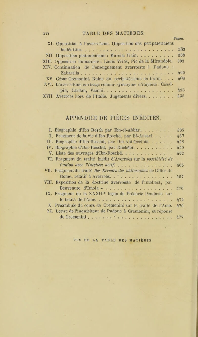 Pages XI. Opposition à l’averroïsme. Opposition des péripatéticiens hellénistes 383 XII. Opposition platonicienne : Marsile Ficin 388 XIII. Opposition humaniste : Louis Vivès, Pic de la Mirandole. 391 XIV. Continuation de l’enseignement averroïste à Padoue : Zabarella 400 XV. César Cremonini. Ruine du péripatétisme en Italie. . . . 408 XVI. L’averi'Oïsme envisagé comme synonyme d’impiété : Césal- pin, Cardan, Vanini 410 XVII. Averroès hors de l’Italie. Jugements divers 435 APPENDICE DE PIÈCES INÉDITES. I. Biographie d’Ibn Rosch par Ibn-el-Abbar 435 II. Fragment de la vie d’Ibn Roschd, par El-Ansari 437 III. Biographie d’Ibn-Roschd, par Ibn-Abi-Oceibia 448 IV. Biographie d’Ibn-Roschd, par Dhéhébi 450 V. Liste des ouvrages d’Ibn-Roschd 402 VI. Fragment du traité inédit d’Averroès sur la possibilité de l’union avec l'intellect actif. 405 VII. Fragment du traité Des Erreurs des philosophes de Gilles de Rome, relatif à Averroès. . * 407 VIII. Exposition de la doctrine averroïste de l’intellect, par Benvenuto d’Imola. - 470 IX. Fragment de la XXXIII* leçon de Frédéric Pendasio sur le traité de l’Ame • 472 X. Préambule du cours de Cremonini sur le traité de l’Ame. 470 XI. Lettre de l’inquisiteur de Padoue à Cremonini, et réponse de Cremonini * 477 FIN DE LA TABLE DES MATIÈRES