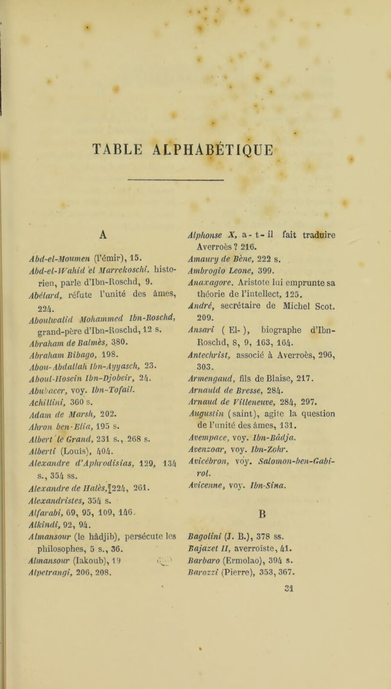 TABLE ALPHABÉTIQUE A Abd-el-Moumen (l’émir), 15. Abd-el-lVahid et Marrekoschi. histo- rien, parle d’Ibn-Roschd, 9. Abclard, réfute l’unité des âmes, 224. Aboulwalid Mohammed Ibn-Boschd, grand-père d’Ibn-Roschd, 12 s. Abraham de Batmès, 380. Abraham Bibago, 198. Abou-Abdallah Ibn-Ayyasch, 23. Aboul-IIoscin Ibn-Djobeir, 24. Abubacer, voy. Ibn-Tofait. Achillini, 360 s. Adam de Marsh, 202. Ahron ben-Elia, 195 s. Albert le Grand, 231 s., 268 s. Alberti (Louis), 404. Alexandre cl’Aphrodisias, 129, 134 s., 354 ss. Alexandre de llalès,{22h, 261. Alexandristes, 354 s. Alfarabi, 69, 95, 109, 146. Alkindi, 92, 94. Almansour (le hâdjib), persécute les philosophes, 5 s., 36. Almansour (Iakoub), 19 Tv Alpetrangi, 206, 208. Alphonse X, a - t - il fait traduire Averroès ? 216. Amaury de B'enc, 222 s. Ambrogio Leone, 399. Anaxagore, Aristote lui emprunte sa théorie de l’intellect, 125. André, secrétaire de Michel Scot. 209. Ansari ( El- ), biographe d’Ibn- Roschd, 8, 9, 163, 164- Antéchrist, associé à Averroès, 296, 303. Armengaucl, fils de Biaise, 217. Arnauld de Bresse, 284. Arnaud de Villeneuve, 284, 297. Augustin (saint), agite la question de l’unité des âmes, 131. Avempace, voy. Ibn-Bâdja. Avenzoar, voy. Ibn-Zohr. Avicébron, voy. Salomon-bcn-Gabi- rol. Avicenne, voy. Ibn-Sina. B Bagolini (J. B.), 378 ss. Bajazet II, averroïste, 41. Barbaro (Ermolao), 394 s. Jtarozzi (Pierre), 353, 367. 31