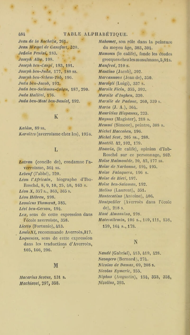 Jean de ta Rochelle, 261. Jean Wes.scl de G ans fort-, 320. Jedaïa Pcnini, 183. Joseph Albp, 198. , Joseph bcn-Caspi, 183, 191. Joseph ben-Juâa, 177, 180 ss. Joseph bcn-Schcm-Tob, 196. Juda ben-Jacob, 192. Juda ben-SalomoiirCohpn, 187, 290. Juda Hallévi, 17G. Juda ben-Mosc ben-Daniel, 192. K Kalâm, 89 ss. Karaïtes (averroïsme chez les), 195s. L Latran (concile de), condamne l’a- verroïsme, 364 ss. Lebcuf (l’abbé), 220. Léon l’Africain, biographe d’Ibn» Roschd, 8, 9, 10, 25, 40, 1G3 s. Léon X, 357 s., 363, 365 s. Leon Hébreu, 198. Lconicus ThomœuS, 385. Lévi ben-Gerson, 194. Lex, sens de cette expression dans l’école averroïste, 358. Licelo (Fortunio), 413. LouisXI, recommande Averroès,317. Loquentes, sens de cette expression dans les traductions d’Averroès, 105, 166, 296. M Macarius Scotus, 131 s. Machiavel, 297, 358. Mahomet, son rôle dans la peinture du moyen âge, 303, 304. Mamoun (le calife), fonde les études grecques chez les musulmans, 5,91s. Manfred, 210 s. Mantino (Jacob), 392. Marcanuova (Jean de), 350. Marsigli (Luigi), 337 s. Marsilc Ficin, 355, 392. Mar si le d’Inghen, 320. Marsile de Padoue, 260, 339 s. Maria (J. A.), 364. Mauritius Hispanus, 223. Maynus (Magister), 218 s. Memmi (Simone), peintre, 308 s. Michel Uaccohcn, 196. Michel Scot, 205 ss., 288. Moattil, 42, 102, 179. Moawia, (le calife), opinion d’Inb- Roschd sur ce personnage, 162. Moïse Maimonide, 20, 42, 177 ss. Moïse de Narbonne, 194, 195. Moïse Falaquera, 196 s. Moïse de Rieti, 197. Moïse ben-Salomon, 192. Molino (Laurent), 351. Monlecalino (Antoine), 406. Montpellier (Averroès dans l’école de), 218 s. Mosé Almosnino, 198. Motecallcmîn, 106 s., 109, 111, 158, 159, 164 s., 178. N Naudè (Gabriel), 413, 419, 428. Navagero ( Bern ard ;, 2 74. Nicolas de Damas, 69, 208 s. Nicolas Eymeric, 255. Niplius (Augustin), 154, 353, 358, Nizolius, 393.