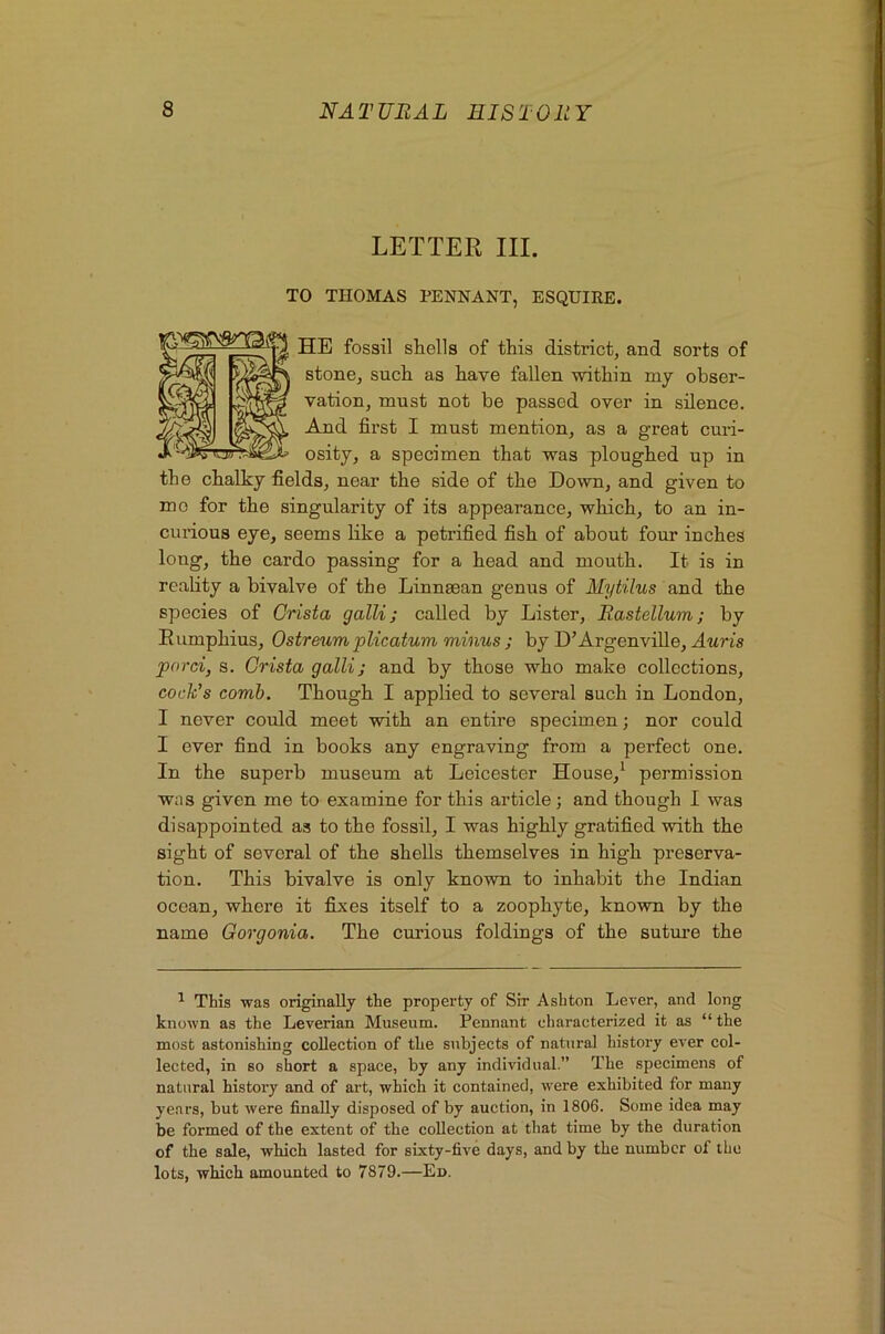 LETTER III. TO THOMAS PENNANT, ESQUIRE. HE fossil shells of this district, and sorts of stone, such as have fallen within my obser- vation, must not be passed over in silence. And first I must mention, as a great curi- osity, a specimen that was ploughed up in the chalky fields, near the side of the Down, and given to mo for the singularity of its appearance, which, to an in- curious eye, seems like a petrified fish of about four inches long, the cardo passing for a head and mouth. It is in reality a bivalve of the Linnasan genus of Mytilus and the species of Crista galli; called by Lister, Rastellum; by Eumphius, Ostreum plicatum minus ; by D’Argenville, Auris porci, s. Crista galli; and by those who make collections, cock's comb. Though I applied to several such in London, I never could meet with an entire specimen; nor could I ever find in books any engraving from a perfect one. In the superb museum at Leicester House,^ permission was given me to examine for this article ; and though I was disappointed as to the fossil, I was highly gratified with the sight of several of the shells themselves in high preserva- tion. This bivalve is only known to inhabit the Indian ocean, where it fixes itself to a zoophyte, known by the name Gorgonia. The curious foldings of the suture the ^ This was originally the property of Sir Ashton Lever, and long known as the Leverian Museum. Pennant characterized it as “the most astonishing collection of the subjects of natural history ever col- lected, in so short a space, by any individual.” The specimens of natural history and of art, which it contained, were exhibited for many years, but were finally disposed of by auction, in 1806. Some idea may be formed of the extent of the collection at that time by the duration of the sale, which lasted for sixty-five days, and by the number of the lots, which amounted to 7879.—Ed.