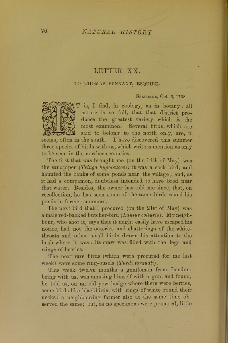 LETTER XX. TO THOMAS PENNANT, ESQUIRE. Selborne, Oct. 3, 17G8. T is, I find, in zoology, as in botany: all nature is so full, that that district pro- duces the greatest variety wbicb is the most examined. Several birds, which are said to belong to the north only, are, it seems, often in the south. I have discovered this summer three species of birds with us, which writers mention as only to be seen in the northern counties. The first that was brought me (on the 14th of May) was the sandpiper {Tringa hypoleucos): it was a cock bird, and haunted the banks of some ponds near the village ; and, as it had a companion, doubtless intended to have bred near that water. Besides, the owner has told me since, that, on recollection, he has seen some of the same birds round his ponds in former summers. The next bird that I procured (on the 21st of May) was a male red-backed butcher-bird {Lanius collurio). My neigh- bour, who shot it, says that it might easily have escaped his notice, had not the outcries and chatterings of the white- throats and other small birds drawn his attention to the bush where it was: its craw was filled with the legs and wings of beetles. The next rare birds (which were procured for me last week) were some ring-ousels (Turdi torquati). This week twelve months a gentleman from London, being with us, was amusing himself with a gun, and found, he told us, on an old yew hedge where there were berries, some birds bke blackbirds, with rings of white round their necks: a neighbouring farmer also at the same time ob- served the same; but, as no specimens were procured, little