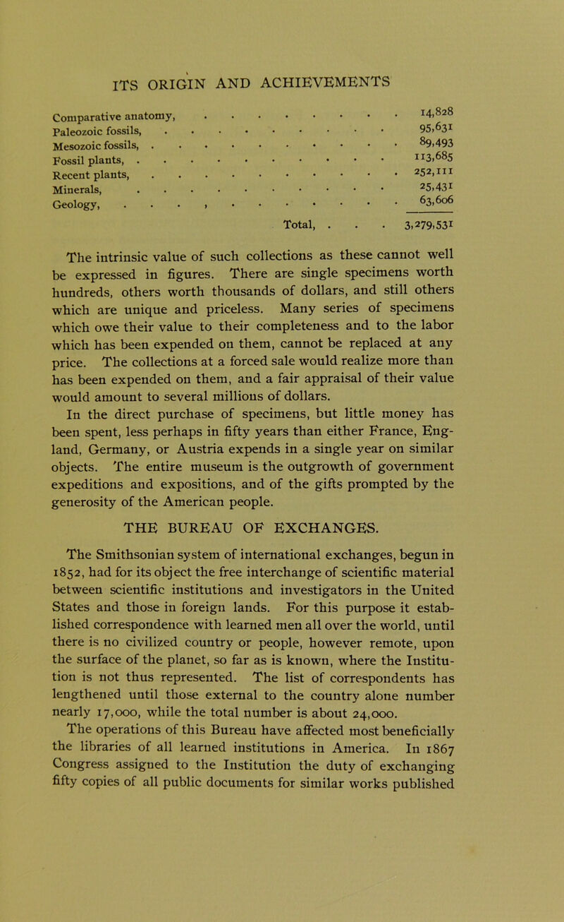 Comparative anatomy, Paleozoic fossils, Mesozoic fossils, . Fossil plants, . Recent plants, Minerals, Geology, 14,828 95,631 89,493 113,685 . 252,111 25,431 63,606 Total, . . . 3>279>53i The intrinsic value of such collections as these cannot well be expressed in figures. There are single specimens worth hundreds, others worth thousands of dollars, and still others which are unique and priceless. Many series of specimens which owe their value to their completeness and to the labor which has been expended on them, cannot be replaced at any price. The collections at a forced sale would realize more than has been expended on them, and a fair appraisal of their value would amount to several millions of dollars. In the direct purchase of specimens, but little money has been spent, less perhaps in fifty years than either France, Eng- land, Germany, or Austria expends in a single year on similar objects. The entire museum is the outgrowth of government expeditions and expositions, and of the gifts prompted by the generosity of the American people. THE BUREAU OF EXCHANGES. The Smithsonian system of international exchanges, begun in 1852, had for its object the free interchange of scientific material between scientific institutions and investigators in the United States and those in foreign lands. For this purpose it estab- lished correspondence with learned men all over the world, until there is no civilized country or people, however remote, upon the surface of the planet, so far as is known, where the Institu- tion is not thus represented. The list of correspondents has lengthened until those external to the country alone number nearly 17,000, while the total number is about 24,000. The operations of this Bureau have affected most beneficially the libraries of all learned institutions in America. In 1867 Congress assigned to the Institution the duty of exchanging fifty copies of all public documents for similar works published