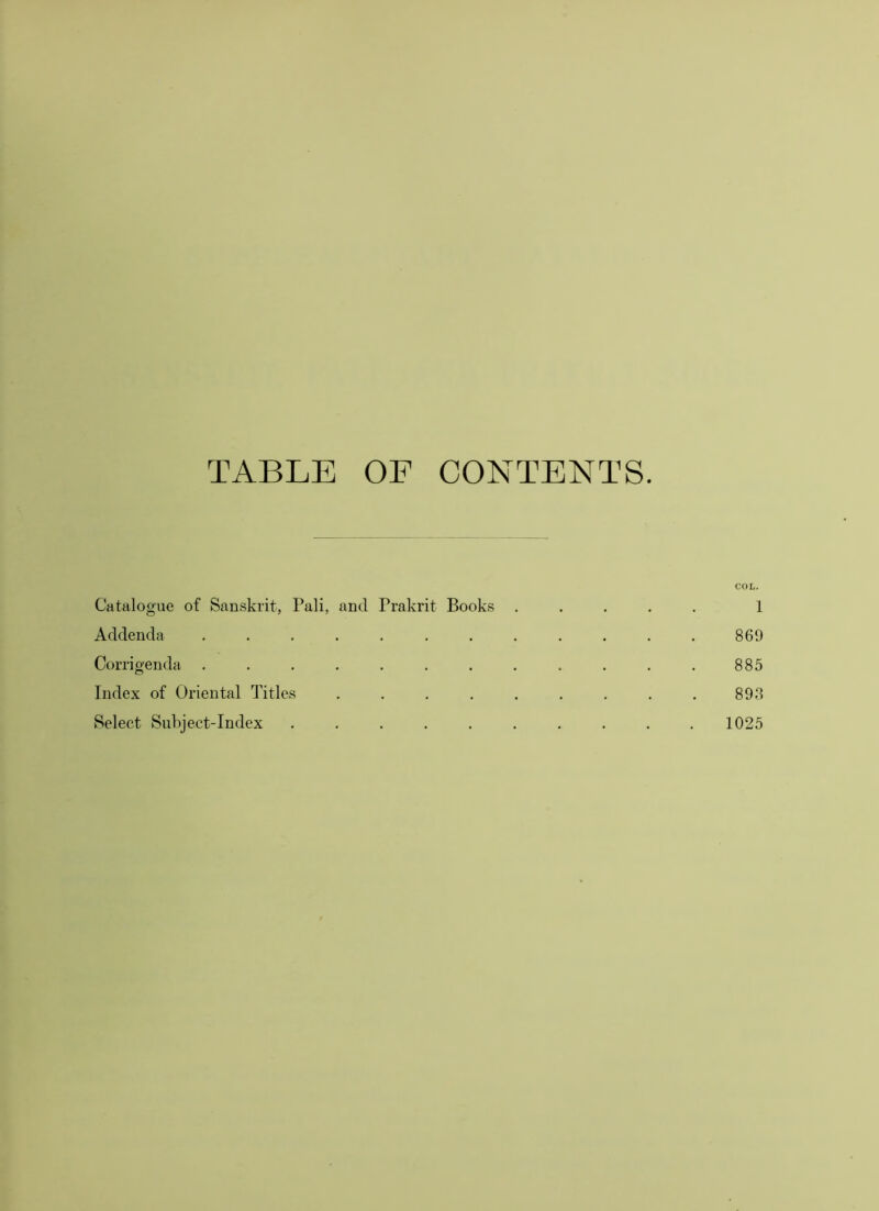 TABLE OF CONTENTS. COL. Catalogue of Sanskrit, Pali, and Prakrit Books ..... 1 Addenda ............ 869 Corrigenda . . . . . . . . . . . . 885 Index of Oriental Titles . . . . . . . . . 898 Select Subject-Index .......... 1025