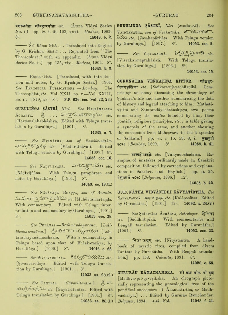 WPfT^rTT etc. (Atma Vidya Series No. i.) pp. iv. i. iii. 103, xxxi. Madras, 1902. 8°. 14049. b. 2. / Sri Rama Gita . . . Translated into English by G. Krishna Sastri . . . Reprinted from “ The Theosophist/'’ with an appendix. (Atma Vhdya Series No. ii.) pp. 135, xiv. Madras, 1902. 8°. 14049. b. 3. Rama Gita. [Translated, with introduc- tion and notes, by G. Krishna Sastri.] 1901. See Periodical Publications. — Bombay. The Theosophist, etc. Vol. XXII, no. v.—Vol. XXIII, no. ii. 1879, etc. 8°. P.P. 636. cm. (vol. 22, 23.) GURULINGA SASTRI, Nori. See Hastamalaka Acharta. ^^ . . . etc. [Hastaraalakabhashya. Edited with Telugu trans- lation by Gurulihga.] [1901.] 8°. 14049. a. 7. See JivANATHA, son of Samhlmnatha. etc. [Vasturatnavali. Edited with Telugu version by Gurulihga.] [1897.] 8°. 14053. ccc. 16. See NadIvijnana. etc. [Nadivijuana. With Telugu paraphrase and notes by Gurulihga.] [1901.] 8°. 14043. cc. 19.(1.) See Narayana Bhatta, son of Ananta. otxr^ etc. [Muhurtamartanda. With commentary. Edited with Telugu inter- pretation and commentary by Gurulihga.] [1901.] 8°. 14053. ccc. 38. See PuRANAS.—Brahmandapurdna. \_Lali- tdsaliasrandma.~\ o^r^.^grZro'^.DIi [Lali- tarahasyanamasahasra. With a commentary in Telugu based upon that of Bhaskararaya, by Gurulihga.] [1900.] 8°. 14016. c. 63. See SiVASVARODAYA. etc. [Sivasvarodaya. Edited with Telugu transla- tion by Gurulihga.] [1901.] . 8°. 14033. aa. 28.(2.) See Tantras. \_Gdyatrltantra.~\ etc. [Gayatritantra. Edited with Telugu translation by Gurulihga ] [1901.] 8°. 14033. aa. 28.(1.) GTIRULINGA SASTRI, Nori {continued). See Vaidyanatha, son of Veitkatadri. “6^“^- wSx) etc. [Jatakaparijata. With Telugu version by Gurulihga.] [1897.] 8°. 14053. ccc. 9. See VlSVAKARMA. etc. [Visvakarmaprakasika. With Telugu transla- tion by Gurulihga.] [1896.] 8°. 14053. ccc. 15. GURUNATHA VENKATESA KITTUR. etc. [Sahkaravijayachurnika. Com- prising an essay discussing the chronology of Sahkara^s life and another summarising the data of history and legend attaching to him ; Matheti- vritta and Sampradayachatushtaya, two poems enumerating the maths founded by him, their pontiffs, religious principles, etc. ; a table giving a synopsis of the same, and another showing the succession from Mahesvara to the 4 apostles of Sahkara.] pp. vi. i. 16, 53, 8, i. [Bombay, 1899.] 8=. 14058.^. 41. etc. [Vakyadoshadarsa. Ex- amples of mistakes ordinarily made in Sanskrit comjjosition, followed by corrections and explana- tions in Sanskrit and English.] pp. ii. 25. [Belgaum, 1896.] 12°. 14085. b. 42. GURUNATHA VIDYANIDHI KAVYATIRTHA. See Sarvavarma. etc. [Kalapasutra. Edited by Gurunhtha.] [190L] 12°. 14092. a. 24.(2.) See Srinivasa Acharya, Astrologer. etc. [Suddhidipika. With commentaries and Bengali translation. Edited by Gurunatha.] [1901.] 8°. 14053. ccc. 23. etc. [Nityatantra. A hand- book of mystic rites, compiled from divers Tantras by Gurunatha. With Bengali transla- tion.] pp. 158. Calcutta, 1891. 8°. 14028. c. 65. GURURAU RAMACHANDRA. 7ft ^ [Madhva-pil-gi-vriksha. An oleograph picto- rially representing the genealogical tree of the pontifical successors of Anandatirtha, or Madh- vacharya.] . . . Edited by Gururao Ramchander. Belgaum, 1894. s.sh. Fob 14048. f. 24.