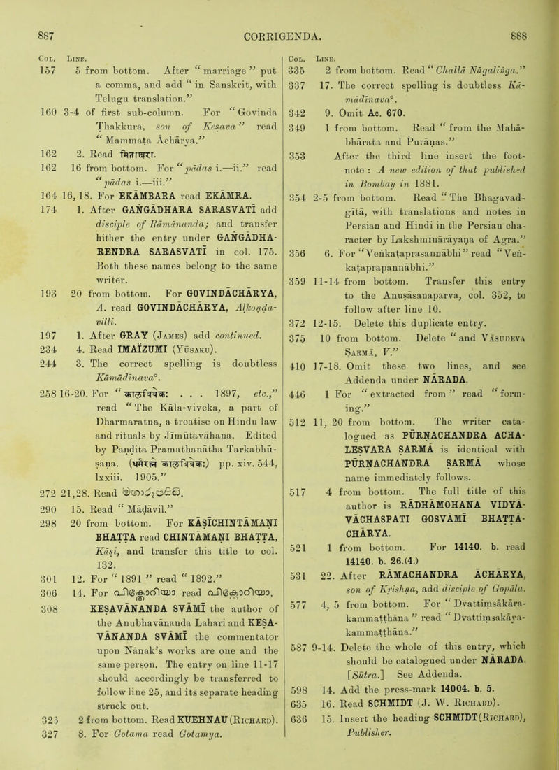 Col. Line. 157 5 from bottom. After “marriage” put a comma, aud add “ in Sanskrit, with Telugu translation.” 160 3-4 of first sub-column. For “ Govinda ddiakkura, son of Kesava ” read “ Mammata Acharya.” 162 2. Read fiqwr^TT. 162 16 from bottom. For “padas i.—ii.” read “ padas i.—iii.” 164 16, 18. For EKAMBARA read EKAMRA. 174 1. After GANGAdHARA SARASVATI add disciple of Bamananda; and transfer hither the entry under GANGADHA- RENDRA SARASVATI in col. 175. Both these names belong to the same writer. 193 20 from bottom. For GOVINDACHARYA, A. read GOVINDACHARYA, Alhondo.- villi. 197 1. After GRAY (James) add continued. 234 4. Read IMAIZUMI (Yusaku). 244 3. The correct spelling is doubtless Kdmddlnava°. 258 16-20. For • . . 1897, etc.,” read “ The Kala-viveka, a part of Dharmaratna, a treatise on Hindu law and rituals by Jlmutavahana. Edited by Pandita Pramathanatha Tarkabhu- sana. (WTR pp. xiv. 544, Ixxiii. 1905.” 272 21,28. Read . 290 15. Read “ Madavil.” 298 20 from bottom. For KASiCHINTAMANI BHATTA read CHINTAMANI BHATTA, Kdsi, and transfer this title to col. 132. 301 12. For “ 1891 ” read “ 1892.” 306 14. For ailSAodlcojO read nJlScfeOo'lCQJO. 308 KESAVANANDA SVAMI the author of the Anubhavanauda Lahari and KESA- VANANDA SVAMI the commentator upon Nanak’s works are one and the same person. The entry on line 11-17 should accordingly be transferred to follow line 25, and its separate heading struck out. 323 2 from bottom. Read KUEHNAU(Richard). 327 8. For Gotama read Gotamya. Col. Line. 335 2 from bottom. Challd Ndgalinga.” 337 17. The correct spelling is doubtless Kd- mddinava°. 342 9. Omit Ac. 670. 349 1 from bottom. Read “ from the Maha- bharata and Puranas.” 353 After the third line insert the foot- note ; A new edition of that publislted in Bombay in 1881. 354 2-5 from bottom. Read “ The Bhagavad- glta, with translations and notes in Persian and Hindi in the Persian cha- racter by Lakshininard^mna of Agra.” 356 6. For “Vehkataprasannabhi” read “Veh- kataprajiannabhi.” 359 11-14 from bottom. Transfer this entry to the Anusilsauaparva, col. 352, to follow after line 10. 372 12-15. Delete this duplicate enti-y. 375 10 from bottom. Delete “ and Vasudeva Sarma, F.” 410 17-18. Omit these two lines, and see Addenda under NARADA. 446 1 For “ extracted from ” read “ form- ing.” 512 11, 20 from bottom. The writer cata- logued as PURNACHANDRA ACHA- LESVARA SARMA is identical with PURNACHANDRA SARMA whose name immediately follows. 517 4 from bottom. The full title of this author is RADHAMOHANA VIDYA- vAchaspati GOSVAMI bhattA- chArya. 521 1 from bottom. For 14140. b. read 14140. b. 26.(4.) 531 22. After rAMACHANDRA ACHArYA, son of Krishna, add disciple of Gopdlu. 577 4, 5 from bottom. For “ Dvattimsakara- kammatthaua ” read “ Dvattimsakaya- kammatthaua.” 587 9-14. Delete the whole of this entry, which should be catalogued under NArADA. [Sutra.] See Addenda. 598 14. Add the press-mark 14004. b. 5. 635 16. Read SCHMIDT ' J. W. Richard). 636 15. Insert the heading SCHMIDT (Richard), Bublisher.