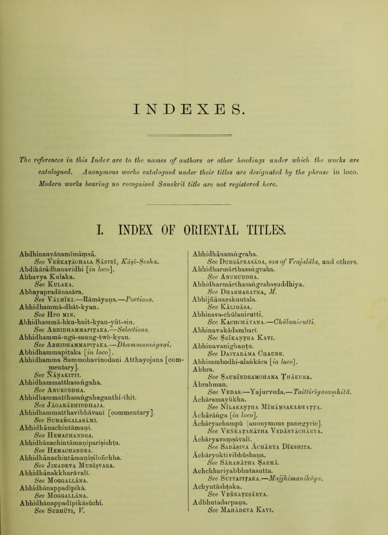 INDEXES The references in this Indee are to the names of authors or other headings under which the worTcs are catalogued. Anonymous worhs catalogued under their titles are designated hy the 'phrase iu loco. Modern worhs bearing no recognised Sanskrit title are not registered here. I. INDEX OF ORIENTAL TITLES. Abdhinauyanamimamsa. See Venkatachala SastrI, Kdsl-Sesha. Abdikaradhanavidhi [in loco~\. Abhavya Kulaka. See Kulaka. Abbayapradanasara. See Valmiki.—Ramayana.—Portions. Abbidhamma-dhat-kyan. See Hpo min. Abbidbarama-hku-bQit-kyan-yut-sin. See Abhidhammapitaka.— Abhidbam ma-nga-saung-fc wb-kyan. See Abhidhammapitaka.—Dhammasavgani. Abbidbammapitaka [in Zoco]. Abbidbamma Sammobavinodani Attbayojaua [com- mentary]. See Nanakitti. Abhidbammatthasangaba. See Anuruddha. Abbidbammattbasangabagantbi-tbit. See Jagarabhiddhaja. AbbidbammattbavibbavanI [commentary]. See SuMANGALASAMI. Abhidbanacbintamani. See Hemachandra. Abbidbanacbintamaniparisisbta. See Hemachandra. Abbidbanacbintaraanisiloucbba. See Jinadeva Munis vara. Abbidbanakkbaravali. See Moggallana. Abbidbanappadipika. See Moggallana. Abbidbanappadipi kasucbi. See SuBHUTi, V. Abbidhanasaiigraba. See Durgaprasada, son of Vrajaldla, and others. Abbidharmarthasangraba. See Anuruddha. AbbidbarmartbasaiTgrabasuddbiya. See Dharmaratna, M. Abbijnanasakuntala. See Kalidasa. Abbinava-cbulanimtti. See Kachohayana.—Ghulaninitti. AbbinavakMambarl. See Srikantha Kavi. Abbinavanigbantu. See Dattarama Chaube. Abbisambodhi-alankara [in loco'\. Abbra. See Saurindramohana Thakura. Abrabman. See Vedas.—Yajurveda.— Taittiriyasanihitd. Acbaramaytikba. See Nilakantha Mimamsakabhatta. Acbaranga [in loco\ Acbai’yacbampu [anonymous panegyric]. See Venkatanatha Vedantaciiarya. Acbaryavamsfivall. See Sadasiva Acharya Dikshita. Acbaryoktivibhusbana. See Saranatha Saema. Acbcbbariyabbbutasutta. See SuTTAPiTAKA.—Majjhitnanikdya. Acbyutasbtaka. See Veneatesarya. Adbbutadarpana. See Mahadeva Kavi.