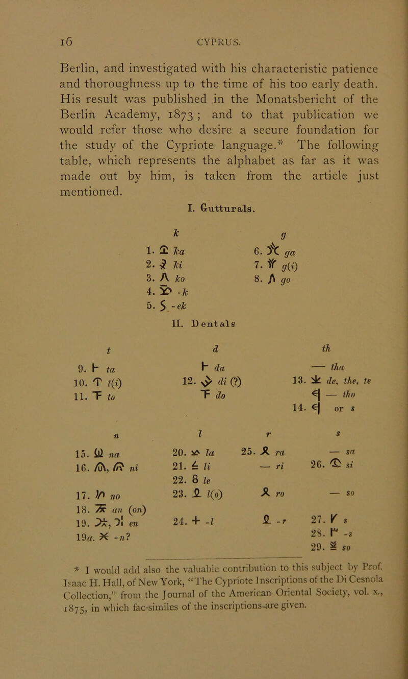 Berlin, and investigated with his characteristic patience and thoroughness up to the time of his too early death. His result was published in the Monatsbericht of the Berlin Academy, 1873 ; and to that publication we would refer those who desire a secure foundation for the study of the Cypriote language.'^' The following table, which represents the alphabet as far as it was made out by him, is taken from the article just mentioned. I. Gutturals. Ic d ^ Tea 6. ga 2. Tci 7. rr g^i) 3. A ]co 8. A go 4. -Tc 5. S -eh II. Dentals t d th 9. h ta 1 da tha 10. T t{i) 12. ^ di (?) 13. ^ de, the, te 11. T to T do ^ — tho 14. ^ or s n 1 r s 15. na 20. la 25. JL ra — sa IG. /u\, ^ ni 21. ^ U _ ri 26. 'E si 22. 8 U 17. )n no 23. -2. l(p) SL ro — so 18. ^ an (oti) 19. Oi m 24. + -1 -r 27. Y s 19ff. X -71? 28. -s 29. ^ .-to * I would add also the valuable contribution to this subject by Prof. Isaac H. Hall, of New York, “The Cypriote Inscriptions of the Di Cesnola Collection,” from the Journal of the American Oriental Society, vol. x., 1875, in which fac-similes of the inscriptions-are given.