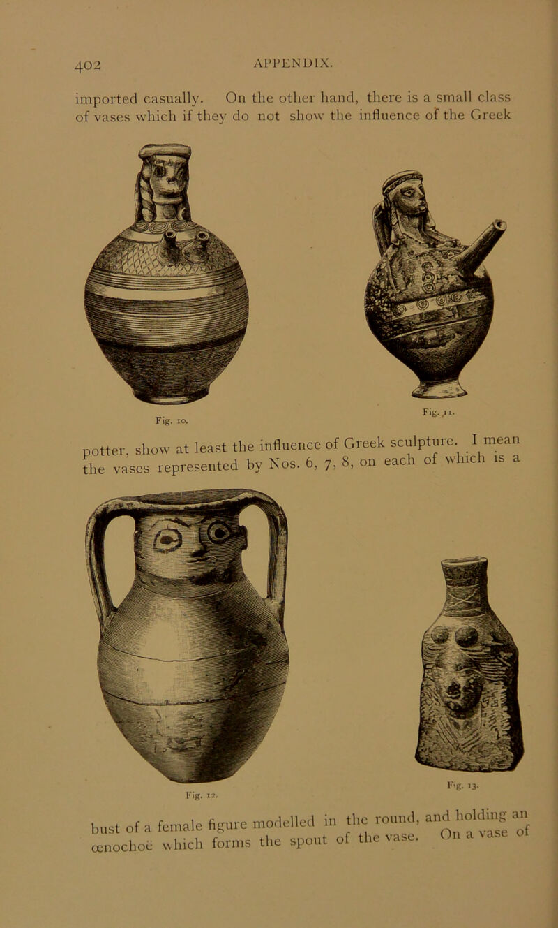 r\l>l>ENDlX. imported casually. On the other hand, there is a small class of vases which if they do not show the influence of the Greek Fig. lo. Fig. ,11. potter, show at least the influence of the vases represented by Nos. 6, 7, Greek sculpture. I mean 8, on each of which is a Fig. 12. F'g. 13- bust of u fen,ale fiKuie modelled in tl.e .ou.ui, “ eeuochoe uhici, forms the spout of the vase. On a rase