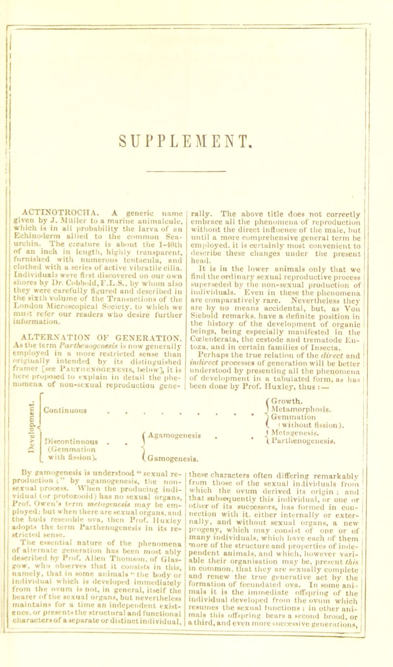 I I 1 SUPPLEMENT. » j ACTINOTROCIIA. A generic name given by J. Muller to a murine animalcule, which is in all probability the larva of un Echinoderm allied to the common Sea- urchin. The creature is about the l-40th of an inch in length, highly transparent, furnished with numerous tentucula, and clothed with a series of active vibratile cilia. Individuals were first discovered on our own shores by Dr. Cobbold, F.L.S., by whom also they were carefully figured and described in the sixth volume of the Transactions of the London Microscopical Society, to which we mint refer our readers who desire further information. ALTERNATION- OF GENERATION. Ai the term Parthenogenesis is now generally employed in a more restricted sense than I originally intended by its distinguished framer [see Paictii knoc.kkbsis, helnw], it is here pro|»03ed to explain in detuil the phe- I nomena of nou-stxual reproduction gene- rally. The above title does not correctly embrace all the phenomena of reproduction without the direct influence of the male, hut until a more comprehensive general term be employed, it is certainly most convenient to describe these changes under the present head. It is in the lower unimals only that we find the ordinary sexual reproductive process superseded by the non-sexual production of individuals. Even in these the phenomena are comparatively rare. Nevertheless they are by no means accidental, but, as You Sieboid remarks, have a definite position in the history of the development of organic beings, being especially manifested in the Ccelenterata, the cestode and trematode En- toza, und in certain families of Insecta. Perhaps the true relation of the direct and ! indirect processes of generation will be better i understood by presenting all the phenomena of development in a tabulated form, us has I been done by Prof. Iluxlej', thus : — Continuous ^ Agamogenesis ) Discontinuous . (Gemmation with fission). (Gamogenesis. ( Growth. J Metamorphosis, j Gemmation \ i without fission). J Metagenesis. I Parthenogenesis. By anmogenesis is understood “ sexual re- production ;by agamogenesis, the nou- scx-ial process. When the producing indi- vidual (or protozooid) bus no sexual organs, Prof. Owen's tt-rin metagenesis may lie em- ployed; but when there are sexual organs, and the buils resemble ova, then Prof. Huxley adopts the term Parthenogenesis in its re- stricted sense. The essential nature of the phenomena of alternate generation has been most ably described by Prof. Allen Thomson, of Glas- gow. who observes that it consist* in this, namely, that in some unimals *• the body or individual which is developed immediately from the ovum is not, in general, itself the bearer of the sexual organs, but nevertheless maintain* for u time an independent exist- ence, or presents the structural and functional characters of a separate or distinct individual. these characters often differing remarkably i from those of the sexual individuals front 1 which the ovum derived its origin ; and that subsequently this individual, or one or other of its successors, has formed in con- j nection with it. either internally or exter- nally, and without sexual organs, a new progeny, which may consist of one or of, many individuals, which have each of them more of the structure und properties of inde- ■ pendent unimals, and which, however vari- I able their organisation may he, present this ' in common, that they are sexuully complete and renew the true generative act by the , formation of fecundated ovu. In some ani- j inals it is the immediate offspring of the j individual developed from the ovum which i resumes the sexual functions : in other ani- mals this offspring hears a second brood, or j a third, and even more successive generation*