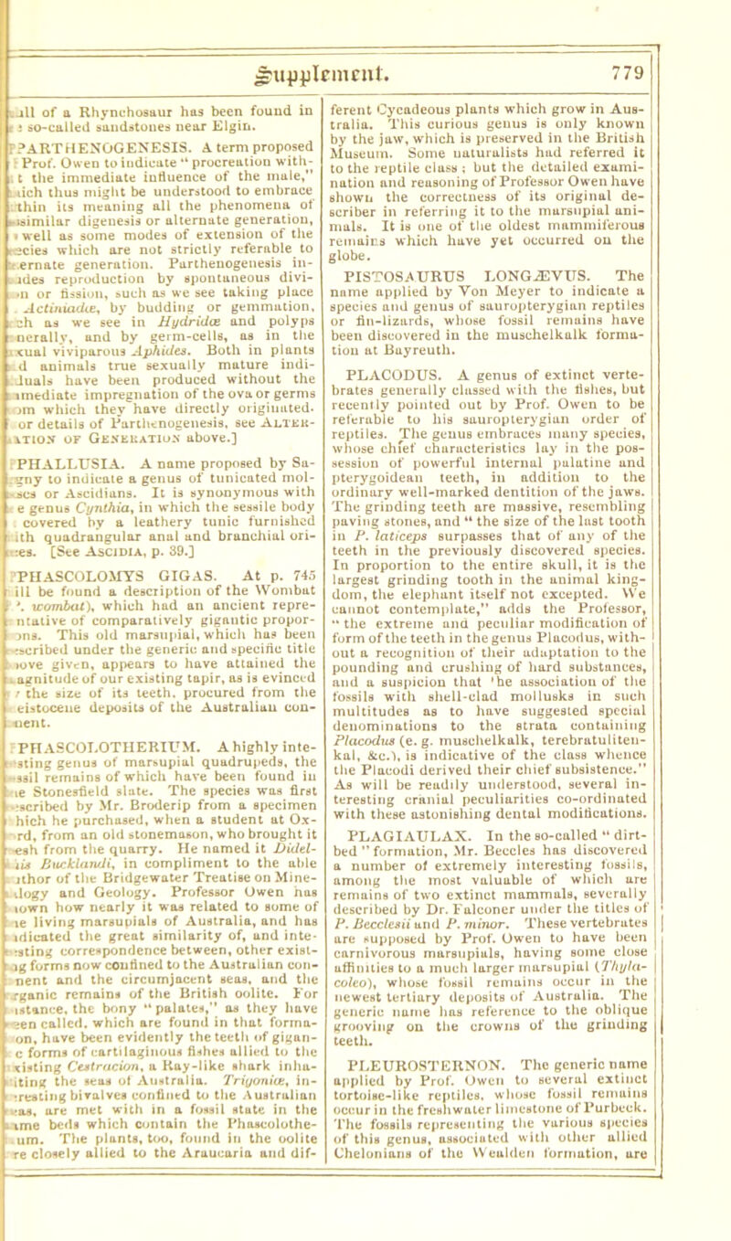 ill of a Rhynchosaur has been found in t: so-called sandstones near Elgin. PPARTHENOGENESIS. A term proposed r Prof. Owen to iudieate “ procreation with- . t the immediate influence of the male, oiich thus might be understood to embrace .thin its meaning all the phenomena of ►•(similar digenesis or alternate generation, »well as some modes of extension of the ^cies which are not strictly referable to :c.ernate generation. Parthenogenesis in- i. ides reproduction by spontaneous divi- »n or fission, such as we see taking place Actiniadie, by budding or gemmation. . ch as we see in Hydridce and polyps nerally, and by germ-cells, as in the v tual viviparous Aphides. Both in plants d animals true sexually mature indi- Juals have been produced without the . imediate impregnation of the ova or germs im which they have directly originated, or details of Parthenogenesis, see Aetek- ixtiox OF Ge.veuatio.n above.] rPHALLUSIA. A name proposed by Sa- gny to indicate a genus of tunicated mol- scs or Ascidians. It is synonymous with e genus Cynthia, in which the sessile body covered by a leathery tunic furnished ith quadrangular anal and branchial ori- •:es. [See Ascidia, p. 39.] 'PHASCOLOMYS GIGAS. At p. 745 ill be found a description of the Wombat '. xcombcit), which had an ancient repre- ntative of comparatively gigantic propor- jns. This old marsupial, which has been tscribed under the generic and specific title : >ove given, appears to have attaiued the . agnitude of our existing tapir, as is evinced v r the size of its teeth, procured from the eistoceue deposits of the Australian con- sent. : PH ASCOLOTHERIUM. A highly infe- sting genus of marsupial quadrupeds, the •sail remains of which have been found in ie Stonesfield slate. The species was first •scribed by Mr. Broderip from a specimen hich he purchased, when a student at Ox- rd, from an old stonemason, who brought it «sh from the quarry. He named it Didel- lis Bucklandi, in compliment to the able ithor of the Bridgewater Treatise on Mine- l dogy and Geology. Professor Owen has iown how nearly it was related to some of ie living marsupials of Australia, and has idicated the great similarity of, and inte- t rating correspondence between, other exist- ig forms now confined to the Australian con- nent and the circumjacent seas, and the .rganic remains of the British oolite. For istance, the bony “palates, as they have ■ ;en called, which are found in that forma- on, have been evidently the teeth of gigan- c forms of cartilaginous fishes allied to the xisting Cestracion, a Ray-like shark inlia- iting the seas of Australia. TriyonUe, in- treating bivalves confined to the Australian cos, are met with in a fossil state in the ■ ime beds which contain the Phascolothe- um. The plants, too, found in the oolite re closely allied to the Araucaria and dif- ferent Cycadeous plants which grow in Aus- tralia. This curious genus is only known by the jaw, which is preserved in the British Museum. Some naturalists had referred it to the reptile cluss ; but the detailed exami- nation and reasoning of Professor Owen have shown the correctness of its original de- scriber in referring it to the mursupial ani- mals. It is one of the oldest mnmmiferous remains which have yet occurred on the globe. PISTOSAURUS LONGiEVUS. The name applied by Yon Meyer to indicate a species and genus of sauropteryginn reptiles or fin-lizards, whose fossil remains have been discovered in the muschelkalk forma- tion at Buyreuth. PLACODUS. A genus of extinct verte- brates generally classed with the fishes, but recently pointed out by Prof. Owen to be referable to his sauropterygian order of reptiles. The geuuB embraces many species, whose chfef characteristics lay in the pos- session of powerful internal palatine and pterygoidean teeth, in addition to the ordinary well-marked dentition of the jaws. The grinding teeth are massive, resembling paving stones, and “ the size of the last tooth in P. laticeps surpasses that of any of the teeth in the previously discovered species. In proportion to the entire skull, it is the largest grinding tooth in the animal king- dom, the elephant itself not excepted. We cannot contemplate, adds the Professor, ** the extreme and peculiar modification of form of the teeth in the genus Placodus, with- out a recognition of their adaptation to the pounding und crushing of hard substances, and a suspicion that 'he association of the fossils with shell-clad mollusks in such multitudes as to have suggested special denominations to the strata containing Plawxlw (e. g. muschelkalk, terebratuliten- kal, &c.1, is indicative of the class whence the Placodi derived their chief subsistence. As will be readily understood, several in- teresting cranial peculiarities co-ordinated with these astonishing dental modifications. PLAGIAULAX. In the so-called “ dirt- bed  formation, Mr. Beccles has discovered a number of extremely interesting fossils, among the most valuable of which are remains of two extinct mammals, severally described by Dr. Falconer under the titles of ' P. Becclesii und P. minor. These vertebrutes | are supposed by Prof. Owen to have been carnivorous marsupials, having some close affinities to a much larger marsupial (Thy hi- coleo), whose fossil remains occur in the newest tertiary deposits of Australia. The generic name has reference to the oblique grooving on the crowns of the grinding teeth. PLEUROSTERNON. The generic name applied by Prof. Owen to several extinct tortoise-like reptiles, whose fossil remains occur in the freshwater limestone of Pur beck. The fossils representing the various species of this genus, associated with other allied Chelonians of the Weulden formation, are