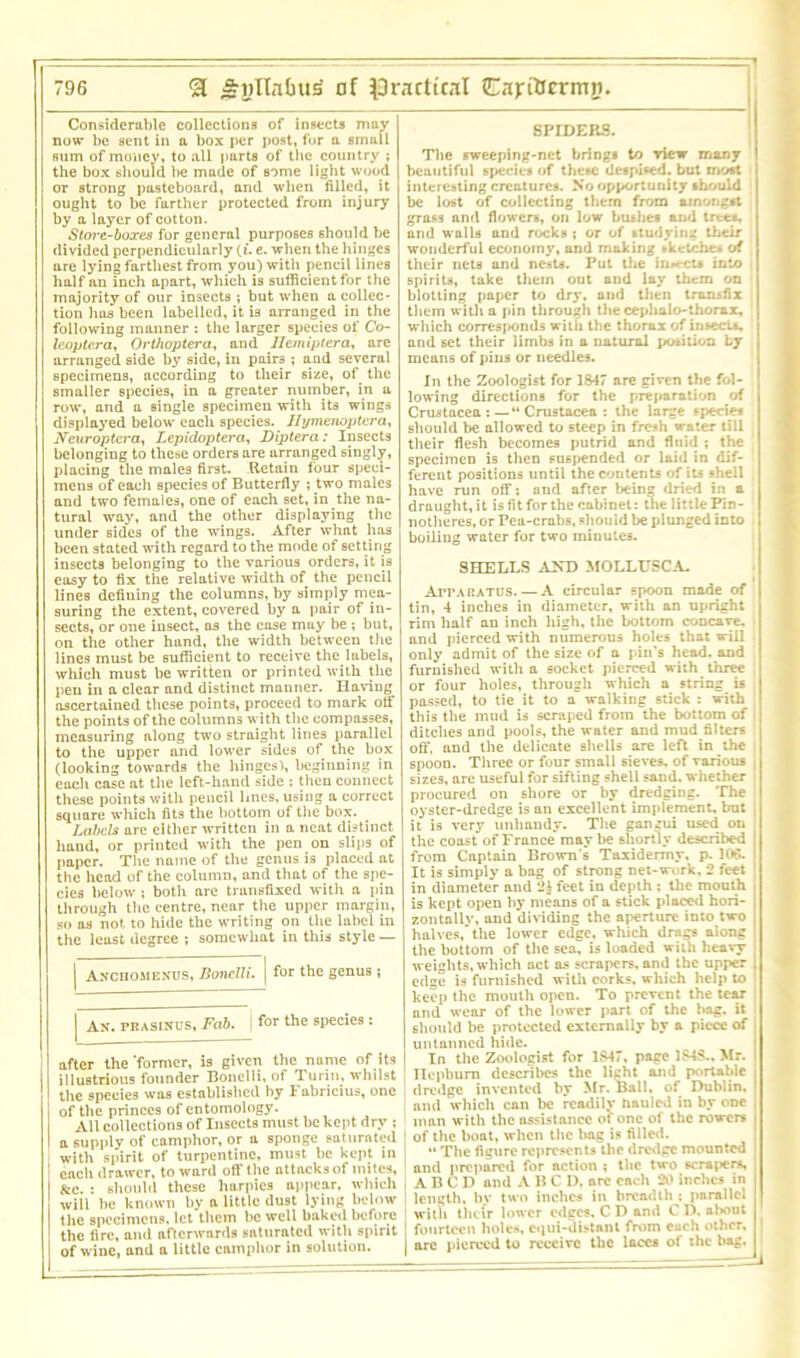 Considerable collections of insects may now' be sent in a box per post, for a small sum of money, to all parts of the country ; the box should be made of some light wood or strong pasteboard, and when filled, it ought to be farther protected from injury by a layer of cotton. Store-boxes for general purposes should be divided perpendicularly (t. e. when the hinges are lying farthest from you) with pencil lines half an inch apart, which is sufficient for the majority of our insects ; but when a collec- tion has been labelled, it is arranged in the following manner : the larger species of Co- leoptera, Orthoptera, and Hemiptera, are arranged side by side, in pairs ; and several specimens, according to their size, of. the smaller species, in a greater number, in a row, and a single specimen with its wings displayed below' each species. Hymenoptera, Neuroptcra, Lepidoptera, Diptera: Insects belonging to these orders are arranged singly, placing the males first. Retain four speci- mens of each species of Butterfly ; two males and two females, one of each set, in the na- tural way, and the other displaying the under sides of the wings. After what has been stated with regard to the mode of setting insects belonging to the various orders, it is easy to fix the relative width of the pencil lines defining the columns, by simply mea- suring the extent, covered by a pair of in- sects, or one insect, as the case muy be ; but, on the other hand, the width between the lines must be sufficient to receive the labels, which must be written or printed with the pen in a clear and distinct manner. Having ascertained these points, proceed to mark otf the points of the columns with the compasses, measuring along two straight lines parallel to the upper and lower sides of the box (looking towards the hinges), beginning in each case at the left-hand side : then connect these points with pencil lines, using a correct square which fits the bottom of the box. Labels are either written in a neat distinct hand, or printed with the pen on slips of paper. The name of the genus is placed at the head of the column, and that of the spe- cies below ; both are transfixed with a pin through the centre, near the upper margin, so as not to hide the writing on the label in the least degree ; somewhat in this style — j Anchomenus, Bonelli. | for the genus ; An. prasinus, Fab. I for the species : 1 after the ‘former, is given the name of its illustrious founder Bonelli, of Turin, whilst I the species was established by Fabricius, one of the princes of entomology. All collections of Insects must be kept dry ; I a supply of camphor, or a sponge saturated with spirit of turpentine, must be kept in I each drawer, to ward off the attacks of mites, | &c. : should these harpies appear, which will be know'll by a little dust lying below the specimens, let them be well baked before the fire, and afterwards saturated with spirit ' i of w'ine, and a little camphor in solution. | SPIDERS. The sweeping-net brings to view many beautiful species of these despised, but most interesting creatures. No opportunity should be lost of collecting them from amongst grass and flowers, on low bushes and trees, and walls and rocks ; or of studying their wonderful economy, and making tketche* of their nets and nests. Put the imecu into spirits, take them out and lay them on blotting paper to dry, and then transfix them with a pin through the cep halo-thorax, which corresponds with the thorax of insects, and set their limbs in a natural position by means of pins or needles. In the Zoologist for 1&47 are given the fol- lowing directions for the preparation of Crustacea : —“ Crustacea : the large species should be allowed to steep in fresh water till their flesh becomes putrid and fluid ; the specimen is then suspended or laid in dif- ferent positions until the contents of its shell . have run off; and after being dried in a draught, it is fit for the cabinet: the little Pin- notheres, or Pea-crabs, should be plunged into boiling water for two minutes. SHELLS AND MOLLUSC A. Aitaratds. — A circular spoon made of tin, 4 inches in diameter, with an upright rim half an inch high, the bottom concave, and pierced with numerous holes that will only admit of the size of a pin’s head, and furnished with a socket pierced with three or four holes, through which a string is passed, to tie it to a walking stick : with this the mud is scraped from the bottom of j ditches and pools, the water and mud filters off, and the delicate shells are left in the spoon. Three or four small sieves, of various j sizes, are useful for sifting shell sand, whether procured on shore or by dredging. The oyster-dredge is an excellent implement, but , it is very unhandy. The gangui used on the coast of France maybe shortly described ; from Captain Brown s Taxidermy, p. 106. i It is simply a bag of strong net-work, 2 feet in diameter and 2$ feet in depth ; the mouth is kept open by means of a stick placed hori- j zontally, and dividing the aperture into two , halves,* the lower edge, which drags along the bottom of the sea, is loaded with heavy j weights, which act as scrapers, and the upper j edge is furnished with corks, which help to l keep the mouth open. To prevent the tear ! and wear of the lower part of the bag. it i should be protected externally by a piece of i untanned hide. In the Zoologist for 1S47, page 184S.. Mr. I 1 TIcpbum describes the light and portable ! dredge invented by Mr. Ball, of Dublin, and which can be readily nauled in by one man with the assistance of one of the rowers of the boat, when the bag is filled. “ The figure represents the dredge mounted I and prepared for action ; the two scrapers, A B C I) and A B C 1). arc each 20 inches in length, by two inches in breadth ; parallel with their lower edges, C D and C D. about fourteen holes, cqui-dhtant from each other, J arc pierced to receive the laces of the bag.