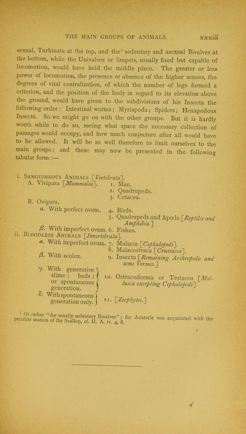 sexual, Turbinata at the top, and the ‘ sedentarj and asexual Bivalves at the bottom, while the Univalves or limpets, usually fixed but capable of locomotion, would have held the middle place. The greater or less power of locomotion, the presence or absence of the higher senses, the degrees of vital centralization, of which the. number of legs formed a criterion, and the position of the body in regard to its elevation above the ground, would have given to the subdivisions of his Insecta the following order : Intestinal worms ; Myriapoda ; Spiders; Hexapodous Insects. So we might go on with the other groups. But it is hardly worth while to do so, seeing what space the necessary collection of passages would occupy, and how much conjecture after all would have to be allowed. It will be as well therefore to limit ourselves to the main groups; and these may now be presented in the following tabular form :— i. Sanguineous Animals [Ver/eira/aJ. A. Vivipara {JMammali^. i. Man. 2. Quadrupeds. 3. Cetacea. B. (JVIpara. a- With perfect ovum. 4. Birds. 5. Quadrupeds and Apoda {Reptiles and Amphibia.^ .. P- With imperfect ovum. 6. Fishes. 11. Bloodlkss Animals \Invertebrat(f\, a- With imperfect ovum. 7. Malacia a . Malacostraca {Crustacea']. p. With scolex. 9. Insecta {Remaining Arlhropoda and some Vermes.] 7. With generative \ shme ; buds;/ 10. Ostracoderma or Testacea {Jl/ol- ge ( lusca excepting Cephalopods]. With spontaneous) 7 generation only. )