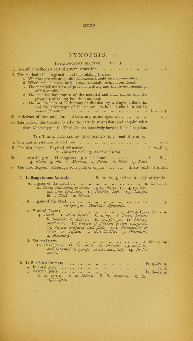 SYNOPSIS. Introductory Matter, i. i—i. S. i. .Scientific methods a part of general education i. i. ii. The method of biology and questions relating thereto. a. Whether generic or specific characters should be first considered. p. Whether phenomena or their causes should be first considered. y. The materialistic view of previous writers, and the several meanings of “necessity.” S. The relative importance of the material and final causes, and the propriety of taking botli into account, f. The insufficiency of Dichotomy or division by a single differentia, and the advantages of the natural method or classification by many differentiae i. 2—i. 4. iii. A defence of the study of animal structure, as not ignoble i. 5. iv. The plan of this treatise to take the parts in succession, and enquire what share Necessity and the Final Cause respectively have in their formation. The Three Degrees of Composition ii. i—end of treatise. i. The mutual relations of the three ii. i. ii. The first degree. Physical substances ii. 2—ii. 3. 2. Hot and cold. 3. Solid andJltiid. iii. The second degree. Plomogeneous parts or tissues ii. 4—ii. 9. 4. Blood. 5. Fat. 6. Marrow. 7. Brain. 8. Flesh. 9. Bone. iv. The third degree. Heterogeneous parts or organs ii. 10—end of treatise. A. In Sanguineous Animals ii. 10—iv. 4, and iv. 10—end of treatise. a. Organs of the Head ii. 10—iii. 2. 10. Brain and organs of sense, ii, 12. Ears. 13, 14, 15. Eye- lids atid Eyelashes. 16. Nostrils, Lips. 17. Tongue. iii. I. Teeth. 2. Horns. fi. Organs of the Neck iii. 3. 3. (Esophagus; Trachea; Epiglottis. y. Visceral Organs iii. 4—iii. 13, iv. i—iv. 4. 4. Heart. 5- Blood vessels. 6. Lung. 7. Liver, Spleen. 8. Bladder. 9. Kidneys. 10. Diaphragm, ii. Fibrous membranes. 12. Viscera of different groups compared. 13. Viscera compared with flesh, iv. i. Peculiarities of viscera in ovipara. 2. Gall bladder. 3. Omentum. 4. Mesentery. S. External parts iv. 10—iv. 14. 10. Invivipara. ll. In reptiles. 12. In birds. 13. In fishes and intermediate groups, cetacea, seals, bats. 14. In the ostrich. B. In Bloodless Animals o. Internal parts B. External parts 6. In insects. 7. In testacea. 8. In Crustacea, cephalopods. 9. In IV. 5—iv. 9. .. iv. 5. XV. O—IV. 9.