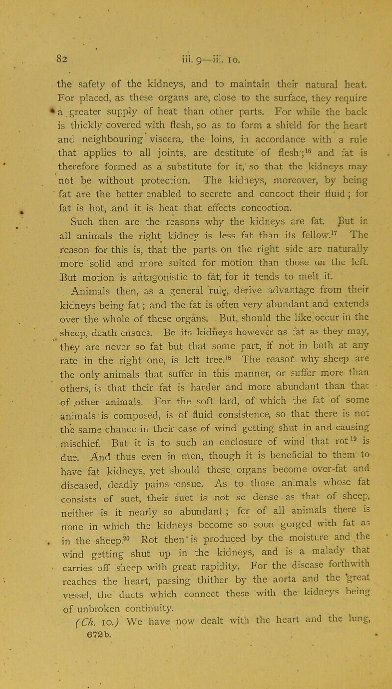 the safety of the kidneys, and to maintain their natural heat. For placed, as these organs are, close to the surface, they require • a greater supply of heat than other parts. For while the back is thickly, covered with flesh, ?o as to form a shield for the heart and neighbouring viscera, the loins, in accordance with a rule that applies to all joints, are destitute of flesh;‘® and fat is therefore formed as a substitute for it,'so that the kidneys may not be without protection. The kidneys, moreover, by being ' fat are the better enabled to secrete and concoct their fluid; for fat is hot, and it is heat that effects concoction. Such then are the reasons why the kidneys are fat. But in all animals the right kidney is less fat than its fellow.^'^ The reason for this is, that the parts, on the right side are naturally more solid and more suited for motion than those on the left. But motion is antagonistic to fat, for it tends to melt it. Animals then, as a general rule, deriye advantage from their kidneys being fat; and the fat is often very abundant and extends over the whole of these organs. . But, should the like occur in the sheep, death ensues. Be its kidneys however as fat as they may, they are never so fat but that some part, if not in both at any rate in the right one, is left free.’® The reasofi why sheep are the only animals that suffer in this manner, or suffer more than others, is that their fat is harder and more abundant than that of .other animals. For the soft lard, of which the fat of some animals is composed, is of fluid consistence, so that there is not the same chance in their case of wind getting, shut in and causing mischief. But it is to such an enclosure of wind that rot is due. And thus even in nien, though it is beneficial to them to have fat .kidneys, yet should these organs become over-fat and diseased, deadly pains -ensue. As to those anirnals whose fat consists of suet, their suet is not so dense as that of sheep, neither is it nearly so abundant; for of all animals there is none in which the kidneys become so soon gorged with fat as in the sheep.^“ Rot then ‘ is produced by the moisture and .the wind getting shut up in the kidneys, and is a malady that carries off sheep with great rapidity. For the disease forthwith reaches the heart, passing thither by the aorta and the great vessel, the ducts which connect these with the kidneys being of unbroken continuity. (Ch. lO.; We have now dealt with the heart and the lung,