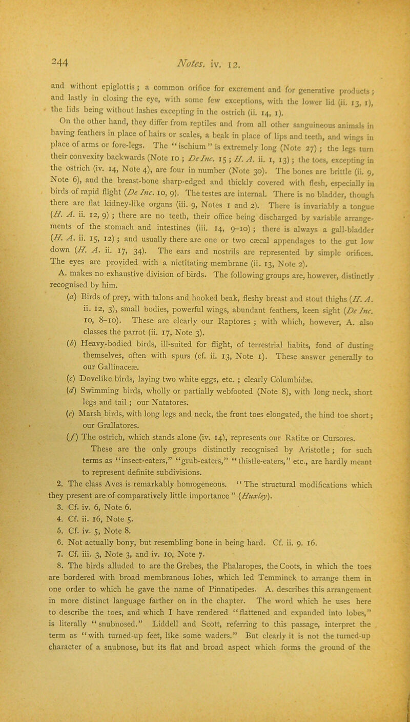 and without epiglottis; a common orifice for excrement and for generative products; and lastly in closing the eye, with some few exceptions, with the lower lid (ii. 13, i), the lids being without lashes excepting in the ostrich (ii. 14, i). On the other hand, they differ from reptiles and from all other sanguineous animals in having feathers in place of hairs or scales, a beak in place of lijjs and teeth, and wings in place of arms or fore-legs. The “ischium” is extremely long (Note 27); the legs turn their convexity backwards (Note 10 ; DeInc. 15 ; //. A. ii. i, 13); the toes, excepting in the ostrich (iv. 14, Note 4), are four in number (Note 30). The bones are brittle (iL 9, Note 6), and the breast-bone sharp-edged and thickly covered with flesh, especially in birds of rapid flight {De Inc. 10, 9). The testes are internal. There is no bladder, though there are flat kidney-like organs (iii. 9, Notes i and 2). There is invariably a tongue ^^>9) j there are no teeth, their office being discharged by variable arrange- ments of the stomach and intestines (iii. 14, 9-10) ; there is always a gall-bladder *'• iSj t2) ; and usually there are one or two caecal appendages to the gut low down {H. A. ii. 17, 34). The ears and nostrils are represented by simple orifices. The eyes are provided with a nictitating membrane (ii. 13, Note 2). A. makes no exhaustive division of birds. The following groups are, however, distinctly recognised by him. {a) Birds of prey, with talons and hooked beak, fleshy breast and stout thighs {II. A. ii- 12, 3), small bodies, powerful wings, abundant feathers, keen sight {De Inc. 10, 8-10). These are clearly our Raptores ; with which, however, A. also classes the parrot (ii. 17, Note 3). {h) Heavy-bodied birds, ill-suited for flight, of terrestrial habits, fond of dusting themselves, often with spurs (cf. ii. 13, Note i). These answer generally to our Gallinacem. {c) Dovelike birds, la)dng two white eggs, etc. ; clearly Columbidae. {!) Swimming birds, wholly or partially webfooted (Note 8), with long neck, short legs and tail; our Natatores. (r) Marsh birds, with long legs and neck, the front toes elongated, the hind toe short; our Grallatores. (/) The ostrich, which stands alone (iv. 14I, represents our Ratitse or Cursores. These are the only groups distinctly recognised by Aristotle; for such terms as “insect-eaters,” “grub-eaters,” “thistle-eaters,” etc., are hardly meant to represent definite subdivisions. 2. The class Aves is remarkably homogeneous. “The structural modifications which they present are of comparatively little importance ” {Huxley). 3. Cf. iv. 6, Note 6. 4. Cf. ii. 16, Note 5. 5. Cf. iv. 5, Note 8. 6. Not actually bony, but resembling bone in being hard. Cf. ii. 9. 16. 7. Cf. iii. 3, Note 3, and iv. 10, Note 7. 8. The birds alluded to are the Grebes, the Phalaropes, the Coots, in which the toes are bordered with broad membranous lobes, which led Temminck to arrange them in one order to which he gave the name of Pinnatipedes. A. describes this arrangement in more distinct language farther on in the chapter. The word which he uses here to describe the toes, and which I have rendered “flattened and expanded into lobes,” is literally “snubnosed.” Liddell and Scott, referring to this passage, interpret the term as “with tumed-up feet, like some waders.” But clearly it is not the tumed-up character of a snubnose, but its flat and broad aspect which forms the ground of the