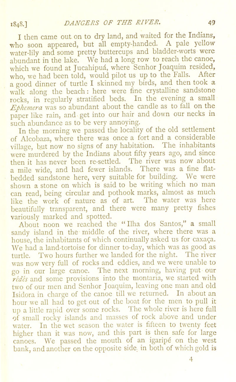 1848.] I then came out. on to dry land, and waited for the Indians, who soon appeared, but all empty-handed. A pale yellow water-lily and some pretty buttercups and bladder-worts were abundant in the lake. We had a long row to reach the canoe, which we found at Jucahipud, where Senhor Joaquim resided, who, we had been told, would pilot us up to the Falls. After a good dinner of turtle I skinned my birds, and then took a walk along the beach: here were fine crystalline sandstone rocks, in regularly stratified beds. In the evening a small Ephemera was so abundant about the candle as to fall on the paper like rain, and get into our hair and down our necks in such abundance as to be very annoying. In the morning we passed the locality of the old settlement of Alcobaza, where there was once a fort and a considerable village, but now no signs of any habitation. The inhabitants were murdered by the Indians about fifty years ago, and since then it has never been re-settled. The river was now about a mile wide, and had fewer islands. There was a fine flat- bedded sandstone here, very suitable for building. We were shown a stone on which is said to be writing which no man can read, being circular and pothook marks, almost as much like the work of nature as of art. The water was here beautifully transparent, and there were many pretty fishes variously marked and spotted. About noon we reached the “ Ilha dos Santos,” a small sandy island in the middle of the river, where there was a house, the inhabitants of which continually asked us for caxaga. We had a land-tortoise for dinner to-day, which was as good as turtle. Two hours further we landed for the night. The river was now very full of rocks and eddies, and we were unable to go in our large canoe. The next morning, having put our redes and some provisions into the montaria, we started with two of our men and Senhor Joaquim, leaving one man and old Isidora in charge of the canoe till we returned. In about an hour we all had to get out of the boat for the men to pull it up a little rapid over some rocks. The whole river is here full of small rocky islands and masses of rock above and under water. In the wet season the water is fifteen to twenty feet higher than it was now, and this part is then safe for large canoes. We passed the mouth of an igarip^ on the west bank, and another on the opposite side; in both of which gold is 4