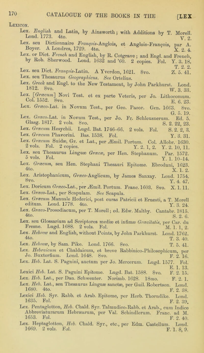 [LEX Morel I. Y. 2. par A. X. 2. 4. Lexicon. Lex. English and Latin, by Ainsworth; with Additions bv T Lond. 1773. 4to. J Lex. seu Dictionnaire Francois-Anglois, et Anglois-Francois, Boyer. A Londres, 1729. 4to. __ Diet. French and English, by R. Cotgrave ; and Engl, and French, by Rob. Sherwood. Lond. 1632 and ’60. 2 copies. Fol. Y. 3. 18. T. 2. 2. Lex. seu Diet. Frangois-Latin. A Yverdon, 1621. 8vo. Z. 5. 41. Lex. seu Thesaurus Geographicus. See Ortelius. Lex. Greek and Engl, to the New Testament, by John Parkhurst. Lond. 1812- 8vo- W. 3. 33. Lex. [Grcecum'] Novi Test, ct ex parte Veteris, per Jo. Lithocomum. Col. 1552. 8vo. 1 E 6 23. Lex. GWo-Lat. in Novum Test., per Geo. Pasor. Gen. 1663. 8vo. T G. 5. 19. Lex. Grceco-Lat. in Novum Test., per Jo. Fr. Schleusnerum. Ed. 5. Glasg. 1817. 2 vols. 8vo. S. 2. 22, 23. Lex. Grcecum Hesychii. Lugd. Bat. 1746-66. 2 vols. Fol. S. 2. 2, 3. Lex. Grcecum Phavorini. Bas. 1538. Fol. Y. 3. 31. Lex. Grcecum Suidae, Gr. et Lat., per iEmil. Tortum. Col. Allobr. 1630. 2 vols. Fol. 2 copies. Y. 2. 1, 2. Y. 2. 10, 11. Lex. seu thesaurus Linguae Grcecce, per Hen. Stepbanum. Par. 1572. 5 vols. Fol. Y. 1. 10-14. Lex. Grcecum, seu Hen. Stephani Thesauri Epitome. Ebroduni, 1623. 4to- < X. 1. 2. Lex. Aristophanicum, Grceco-Anglicum, by James Sanxav. Lond. 1754. 8vo- . Y. 4. 47. Lex. Doricum Grceco-Lat., per iEmil. Portnm. Franc. 1603. 8vo. X. 1.11. Lex. Grceco-Lat., per Scapulam. See Scapula. Lex. Grcecum Manuale Hederici, post curas Patricii et Ernesti, a T. Morell editum. Lond. 1778. 4to. Y. 3. 24. Lex. Grceco-Prosodiacum, per T. Morell; ed. Edw. Maltby. Cantabr. 1815. 4to- S. 2. 6. Lex. seu Glossarium ad Scriptores mediae et infimae Grcecitatis, per Car. du Fresne. Lugd. 1688. 2 vols. Fol. M. 1. 1, 2. Lex. Hebrew and English, without Points, by John Parkhurst. Lond. 1762. 4to. T. 3. 40. Lex. Hebrew, by Sam. Pike. Lond. 1766. 8vo. T. 5. 41. Lex. Hebraicum et Chaldaicum, et breve Rabbinico-Philosophicum, per Jo. Buxtorfium. Lond. 1648. 8vo. F. 2. 16. Lex. Heb. Lat. S. Pagnini, auctnm per Jo. Mercerum. Lugd. 1577. Fol. E. 1. 13. Lexici Heb. Lat. S. Pagnini Epitome. Lugd. Bat. 1588. 8vo. F. 2. 15. Lex. Heb. Lat., per Dau. Schwenter. Norimb. 1628. 18mo. F. 2. 1. Lex. Heb. Lat., seu Thesaurus Linguae sanctae, per Guil. Robertson. Lond. 1680. 4to. f. 2. 38. Lexici Heb. Syr. Rabb. et Arab. Epitome, per Herb. Thorndike. Lond. 1635. Fol. F. 2. 39. Lex. Pentaglotton, Heb. Chald. Syr. Talmudico-Rabb. et Arab., cum Indice Abbreviaturarum Hebraearum, per Val. Schindlerum. Franc, ad M. 1653. Fol. F. 2. 40. Lex. Heptaglotton, Heb. Chald. Syr., etc., per Edm. Castellum. Lond. 1669. 2 vols. Fol. F. 1. 8, 9.