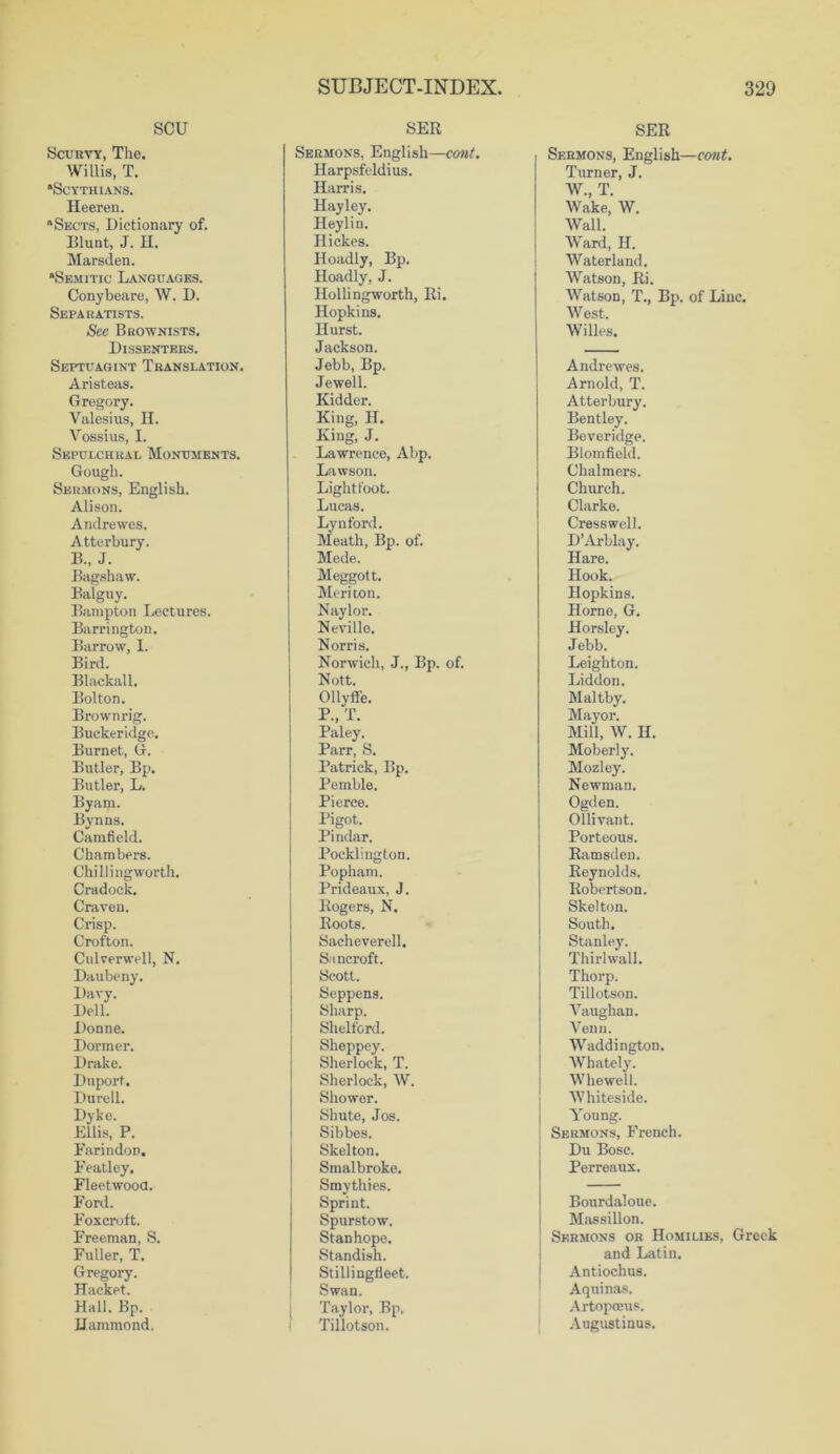 SCU Scurvy, The. Willis, T. “Scythians. Heeren. “Skcts, Dictionary of. Blunt, J. H. Marsden. “Semitic Languages. Conybeare, W. D. Separatists. See Brownists. Dissenters. Septuagint Translation. Aristeas. Gregory. Valesius, H. Vossius, I. Sepulchral Monuments. Gough. Sermons, English. Alison. Andrewes. Atterbury. B., J. Bagshaw. Balguy. Bampton Lectures. Barrington. Barrow, I. Bird. Blackall. Bolton. Brownrig. Buckeridge. Burnet, G. Butler, Bp. Butler, L. Byam. Bynns. Carafield. Chambers. Chillingworth. Cradock. Craven. Crisp. Crofton. Culverwell, N. Daubeny. Davy. Dell. Donne. Dormer. Drake. Duport. Durell. Dyke. Ellis, P. Farindon, Featley. Fleetwood. Ford. Foxcroft. Freeman, S. Fuller, T. Gregory. Hacket. Hall. Bp. Hammond. SER Sermons, English—cont. Harpsfeldius. Harris. Hayley. Heylin. Hickes. Hoadly, Bp. Hoadly, J. Hollingworth, Ri. Hopkins. Hurst. Jackson. Jebb, Bp. Jewell. Kidder. King, H. King, J. Lawrence, Abp. Lawson. Light foot. Lucas. Lynford. Meath, Bp. of. Mede. Meggott. Meriton. Naylor. Neville. Norris. Norwich, J., Bp. of. Nott. Ollyffe. P., T. Paley. Parr, S. Patrick, Bp. Pemble. Pierce. Pigot. Pindar. Pocklington. Popham. Prideaux, J. Rogers, N. Roots. Sacheverell. Sancroft. Scott. Seppens. Sharp. Shelford. Sheppey. Sherlock, T. Sherlock, W. Shower. Shute, Jos. Sibbes. Skelton. Smal broke. Smythies. Sprint. Spurstow. Stanhope. Standish. StillingHeet. Swan. Taylor, Bp. Tillotson. SER Sermons, English—eont. Turner, J. W, T. Wake, W. Wall. Ward, H. Waterland. Watson, Ri. Watson, T., Bp. of Line. West. Willes. Andrewes. Arnold, T. Atterbury. Bentley. Beveridge. Blomfiold. Chalmers. Church. Clarke. Cresswell. D’Arblay. Hare. Hook. Hopkins. Horne, G. Horsley. Jebb. Leighton. Liddon. Maltby. Mayor. Mill, W. II. Moberly. Mozley. Newman. Ogden. Ollivant. Porteous. Ramsden. Reynolds. Robertson. Skelton. South. Stanley. Thirlwall. Thorp. Tillotson. Vaughan. Venn. Waddington. Whately. Whewell. Whiteside. I Young. Sermons, French. Du Bose. Perreaux. Bourdaloue. Massillon. Sermons or Homilies, Greek and Latin. Antiochus. Aquinas, Artopoeus. Augustinus.