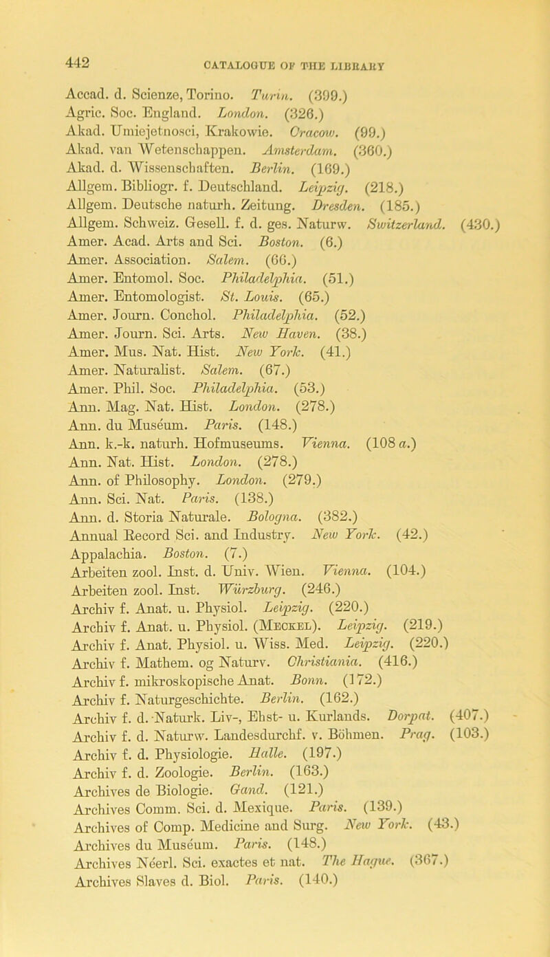 Accnd. d. Scienze, Torino. Turin. (399.) Agric. Soc. England. London. (326.) Akad. Uiniejetnosei, Krakowie. Gracovj. (99.) Akad. van AVetenschappen. Amsterdam. (360.) Akad. d. Wisseuscliaften. Berlin. (169.) AUgem. Bibliogi'. f. Deutschland. Leipzig. (218.) Allgem. Deutsche naturh. Zeitung. Dresden. (185.) Allgem. Schweiz. Gesell. f. d. ges. Naturw. Switzerland. (430.) Amer. Acad. Arts and Sci. Boston. (6.) Amer. Association. Salem. (66.) Amer. Entomol. Soc. Philadelphia. (51.) Amer. Entomologist. St. Louis. (65.) Amer. Journ. Conchol. Philadelphia. (52.) Amer. Journ. Sci. Arts. New Haven. (38.) Amer. Mus. Nat. Hist. New York. (41.) Amer. Natimahst. Salem. (67.) Amer. Phil. Soc. Philadelphia. (53.) Ann. Mag. Nat. Hist. London. (278.) Ann. du Museum. Paris. (148.) Ann. k.-k. naturh. Hofmuseums. Vienna. (108 a.) Ann. Nat. Hist. London. (278.) Ann. of Philosophy. London. (279.) Ann. Sci. Nat. Paris. (138.) Ann. d. Storia Natm’ale. Bologna. (382.) Annual Eecord Sci. and Industry. New York. (42.) Appalachia. Boston. (7.) Arbeiten zool. Inst. d. Univ. Wien. Vienna. (104.) Arbeiten zool. Inst. Wih-zburg. (246.) Archiv £. Anat. u. Physiol. Leipzig. (220.) Archiv f. Anat. u. Physiol. (Meokbl). Leipzig. (219.) Archiv f. Anat. Physiol, u. Wiss. Med. Leipzig. (220.) Archiv f. Mathem. og Naturv. Christiania. (416.) Archiv f. mikroskopische Anat. Bonn. (172.) Archiv f. Naturgeschichte. Berlin. (162.) Archiv f. d. Natm-k. Liv-, Ehst-u. Kurlands. Dorpat. (407.) Ai’chiv f. d. Naturvv. Landesdm’chf. v. Bohmen. Prag. (103.) Archiv f. d. Physiologic. Halle. (197.) Archiv f. d. Zoologie. Berlin. (163.) Archives de Biologic. Gand. (121.) Archives Comm. Sci. d. Mexique. Paris. (139.) Archives of Comp. Medicine and Surg. New York. (43.) Ai-chives du Museum. Paris. (148.) Archives Neerl. Sci. exactes et nat. The Hague, (367.) Archives Slaves d. Biol. Paris. (140.)