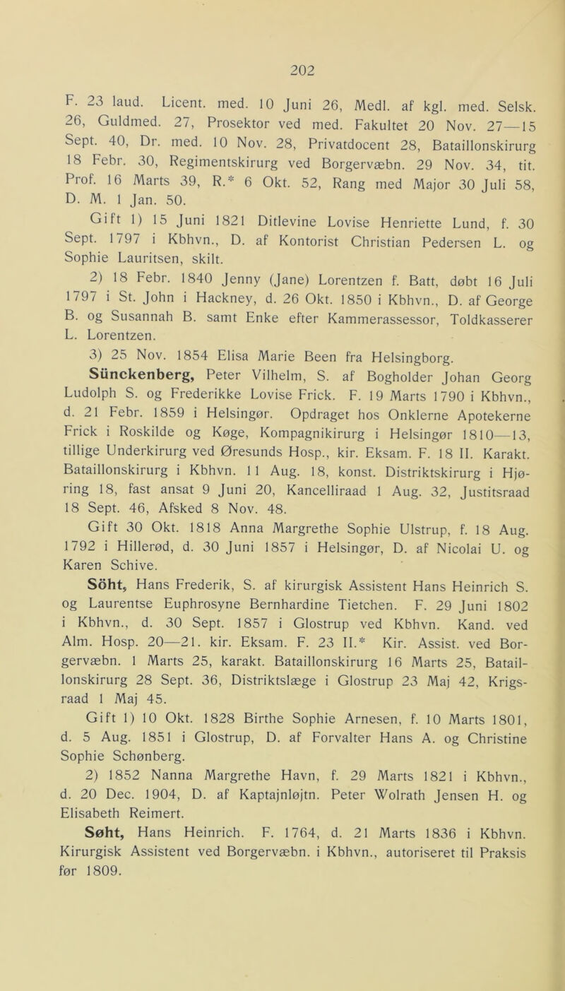 F. 23 laud. Licent. med. 10 Juni 26, Medl. af kgl. med. Selsk. 26, Guldmed. 27, Prosektor ved med. Fakultet 20 Nov. 27—15 Sept. 40, Dr. med. 10 Nov. 28, Privatdocent 28, Bataillonskirurg 18 Febr. 30, Regimentskirurg ved Borgervæbn. 29 Nov. 34, tit. Prof. 16 Marts 39, R.* 6 Okt. 52, Rang med Major 30 juli 58, D. M. 1 Jan. 50. Gilt 1) 15 Juni 1821 Ditlevine Lovise Henriette Lund, f. 30 Sept. 1797 i Kbhvn., D. af Kontorist Christian Pedersen L. og Sophie Lauritsen, skilt. 2) 18 Febr. 1840 Jenny (Jane) Lorentzen f. Batt, døbt 16 Juli 1797 i St. John i Hackney, d. 26 Okt. 1850 i Kbhvn., D. af George B. og Susannah B. samt Enke efter Kammerassessor, Toldkasserer L. Lorentzen. 3) 25 Nov. 1854 Elisa Marie Been fra Helsingborg. Sunckenberg, Peter Vilhelm, S. af Bogholder Johan Georg Ludolph S. og Frederikke Lovise Frick. F. 19 Marts 1790 i Kbhvn., d. 21 Febr. 1859 i Helsingør. Opdraget hos Onklerne Apotekerne Frick i Roskilde og Køge, Kompagnikirurg i Helsingør 1810—13, tillige Underkirurg ved Øresunds Hosp., kir. Eksam. F. 18 II. Karakt. Bataillonskirurg i Kbhvn. 11 Aug. 18, konst. Distriktskirurg i Hjø- ring 18, fast ansat 9 Juni 20, Kancelliraad 1 Aug. 32, Justitsraad 18 Sept. 46, Afsked 8 Nov. 48. Gift 30 Okt. 1818 Anna Margrethe Sophie Ulstrup, f. 18 Aug. 1792 i Hillerød, d. 30 Juni 1857 i Helsingør, D. af Nicolai U. og Karen Schive. Soht, Hans Frederik, S. af kirurgisk Assistent Hans Heinrich S. og Laurentse Euphrosyne Bernhardine Tietchen. F. 29 Juni 1802 i Kbhvn., d. 30 Sept. 1857 i Glostrup ved Kbhvn. Kand. ved Alm. Hosp. 20—21. kir. Eksam. F. 23 IL* Kir. Assist. ved Bor- gervæbn. 1 Marts 25, karakt. Bataillonskirurg 16 Marts 25, Batail- lonskirurg 28 Sept. 36, Distriktslæge i Glostrup 23 Maj 42, Krigs- raad 1 Maj 45. Gift 1) 10 Okt. 1828 Birthe Sophie Arnesen, f. 10 Marts 1801, d. 5 Aug. 1851 i Glostrup, D. af Forvalter Hans A. og Christine Sophie Schønberg. 2) 1852 Nanna Margrethe Havn, f. 29 Marts 1821 i Kbhvn., d. 20 Dec. 1904, D. af Kaptajnløjtn. Peter Wolrath Jensen H. og Elisabeth Reimert. Søht, Hans Heinrich. F. 1764, d. 21 Marts 1836 i Kbhvn. Kirurgisk Assistent ved Borgervæbn. i Kbhvn., autoriseret til Praksis før 1809.