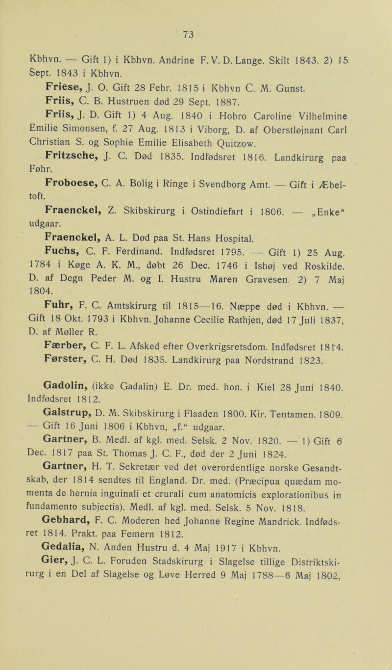 Kbhvn. — Gift 1) i Kbhvn. Andrine F. V. D. Lange. Skilt 1843. 2) 15 Sept. 1843 i Kbhvn. Friese, J. O. Gift 28 Febr. 1815 i Kbhvn C. M. Gunst. Friis, C. B. Hustruen død 29 Sept. 1887. Friis, J. D. Gift 1) 4 Aug. 1840 i Hobro Caroline Vilhelmine Emilie Simonsen, f. 27 Aug. 1813 i Viborg, D. af Oberstløjnant Carl Christian S. og Sophie Emilie Elisabeth Quitzow. Fritzsche, J. C. Død 1835. Indfødsret 1816. Landkirurg paa Føhr. Froboese, C. A. Bolig i Ringe i Svendborg Amt. — Gift i Æbel- toft. Fraenckel, Z. Skibskirurg i Ostindiefart i 1806. — „Enke udgaar. Fraenckel, A. L. Død paa St. Hans Hospital. Fuchs, C. F. Ferdinand. Indfødsret 1795. — Gift 1) 25 Aug. 1784 i Køge A. K. M., døbt 26 Dec. 1746 i Ishøj ved Roskilde. D. af Degn Peder M. og I. Hustru Maren Gravesen. 2) 7 Maj 1804. Fuhr, F. C. Amtskirurg til 1815—16. Næppe død i Kbhvn. — Gift 18 Okt. 1793 i Kbhvn. Johanne Cecilie Rathjen, død 17 Juli 1837, D. af Møller R. Færber, C. F. L. Afsked efter Overkrigsretsdom. Indfødsret 1814. Førster, C. H. Død 1835. Landkirurg paa Nordstrand 1823. Gadolin, (ikke Gadalin) E. Dr. med. hon. i Kiel 28 Juni 1840. Indfødsret 1812. Galstrup, D. M. Skibskirurg i Flaaden 1800. Kir. Tentamen. 1809. — Gift 16 Juni 1806 i Kbhvn, „f.“ udgaar. Gartner, B. Medl. af kgl. med. Selsk. 2 Nov. 1820. — 1) Gift 6 Dec. 1817 paa St. Thomas J. C. F., død der 2 Juni 1824. Gartner, H. T. Sekretær ved det overordentlige norske Gesandt- skab, der 1814 sendtes til England. Dr. med. (Præcipua quædam mo- menta de hernia inguinali et crurali cum anatomicis explorationibus in fundamento subjectis). Medl. af kgl. med. Selsk. 5 Nov. 1818. Gebhard, F. C. Moderen hed Johanne Regine Mandrick. Indføds- ret 1814. Prakt. paa Femern 1812. Gedalia, N. Anden Hustru d. 4 Maj 1917 i Kbhvn. Gier, J. C. L. Foruden Stadskirurg i Slagelse tillige Distriktski- rurg i en Del af Slagelse og Løve Herred 9 Maj 1788—6 Maj 1802,