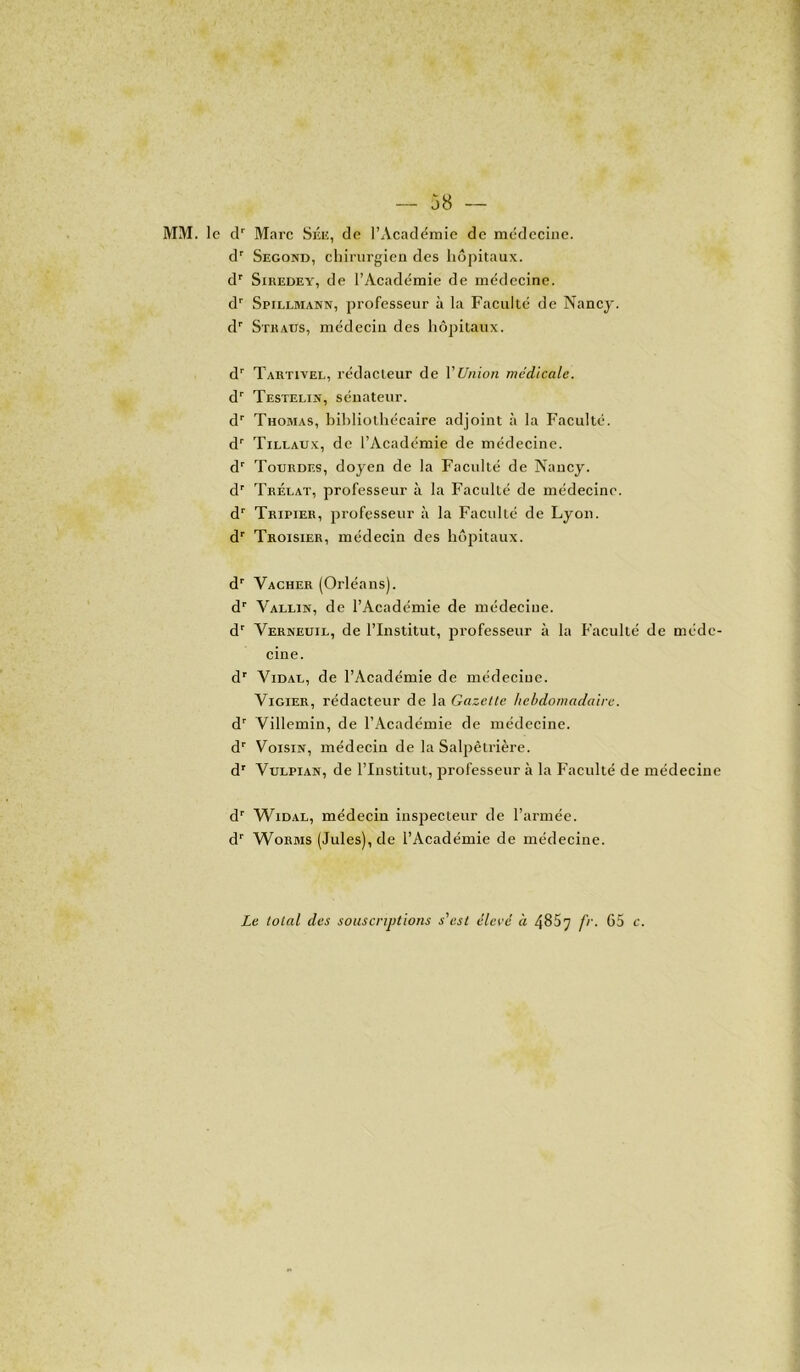MM. le dr Marc Sée, de l’Academie de médecine. dr Second, chirurgien des hôpitaux. dr Siredey, de l’Académie de médecine. dr Spillmann, professeur à la Faculté de Nancy. dr Steaits, médecin des hôpitaux. dr Tartivel, rédacLeur de VUnion medicale. dr Testelin, sénateur. dr Thomas, bibliothécaire adjoint à la Faculté. dr Tillaux, de l’Académie de médecine. dr Tourdes, doyen de la Faculté de Nancy. dr Trélat, professeur à la Faculté de médecine. dr Tripier, professeur à la Faculté de Lyon. dr Troisier, médecin des hôpitaux. dr Vacher (Orléans). dr Vallin, de l’Académie de médecine. dr Verneuil, de l’Institut, professeur à la Faculté de méde- cine. dr Vidal, de l’Académie de médecine. Vigier, rédacteur de la Gazette hebdomadaire. dr Villemin, de l’Académie de médecine. dr Voisin, médecin de la Salpêtrière. dr Vulpian, de l’Institut, professeur à la Faculté de médecine dr Widal, médecin inspecteur de l’armée. dr Worms (Jules), de l’Académie de médecine. Le total des souscriptions s'est élevé à 4857 fr. 65 c.