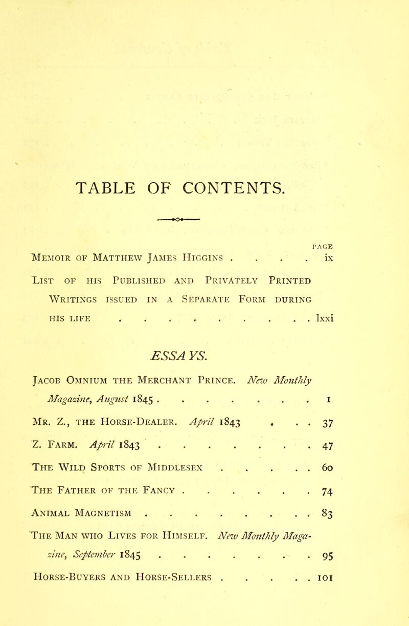 TABLE OF CONTENTS. I’AGE Memoir of Matthew James Higgins . . . . ix List of his Published and Privately Printed Writings issued in a Separate Form during his life Ixxi £SSA VS. Jacob Omnium the Merchant Prince. NrM Monthly Alagazine^ Atigust 1845 • • • • . . . i Mr. Z., the Horse-Dealer. April 1843 • • • 37 Z. Farm. April 1843 47 The Wild Sports of Middlesex 60 The Father of the Fancy 74 Animal Magnetism 83 The Man who Lives for Himself. Nnu Afoftt/ily Maga- zine^ September 1845 . . . . . . *95 Horse-Buyers and Horse-Sellers loi