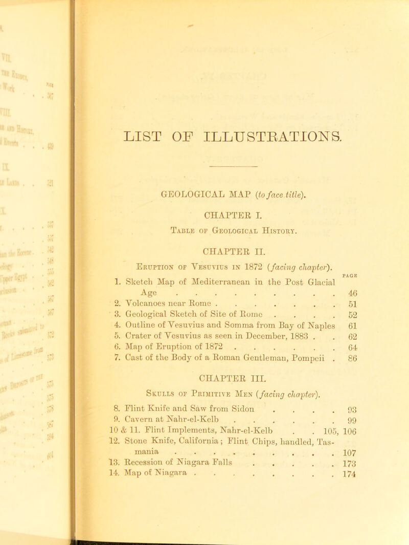 LIST OP ILLUSTRATIONS. GEOLOGICAL MAP {to face title). CHAPTER I. Table op Geological History. CHAPTER II. Eruption of Vesuvius in 1872 (facing chapter). PAGE 1. Sketch Map of Mediterranean in the Post Glacial Age 46 2. Volcanoes near Rome 51 3. Geological Sketch of Site of Rome .... 52 4. Outline of Vesuvius and Somma from Bay of Naples 61 5. Crater of Vesuvius as seen in December, 1883 . . 62 6. Map of Eruption of 1872 ... . 64 7. Cast of the Body of a Roman Gentleman, Pompeii . 86 CHAPTER III. Skulls of Primitive Men {facing chapter). 8. Flint Knife and Saw from Sidon .... 93 9. Cavern at Nahr-el-Kelb 99 10 & 11. Flint Implements, Nahr-el-Kelb . . 105, 106 12. Stone Knife, California; Flint Chips, handled, Tas- mania 107 13. Recession of Niagara Falls 173 14. Map of Niagara 174