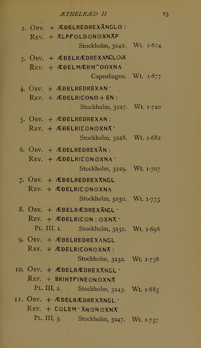 2 Obv. + /E0ELREDREXANGLO : Rev. + ALFPOLDONOXNAF Stockholm, 3242. 3. Obv. + /EDELR/EDREXANCL0\X Rev. + /EOELM/tRMOOXNA Copenhagen. 4. Obv. + /EBELREDREXAN • Rev. + /E0ELRICONO+EN ; Stockholm, 3227. 5. Obv. + /E0ELREDREXAN : Rev. + /E0ELRICGNOXNA • Stockholm, 3228. 6. Obv. + /E0ELREDREXAN ; Rev. + /E0ELRIEONOXNA • Stockholm, 3229. 7. Obv. + /E0ELREDREXANCL Rev. + /E0ELRICONOXNA Stockholm, 3230. 8. Obv. + /E0ELR/EorexAndl • Rev. 4- /t0ELRlCGN : OXNA • Pl. Ill, I, Stockholm, 3231. 9. Obv. + /E0ELREOREXANCL Rev. + /E0ELRICONGXNA : Stockholm, 3232. 10. Obv. + /E0ELR/EOREXANDL * Rev. + BRIHTPINEGNGXNA Pl. Ill, a. Stockholm, 3243. 11. Obv. + /E0ELR/EDREXANCL • Rev. + CGLEM • AngNGXNA Pl. Ill, 3. Stockholm, 3247. Wt. 1-674 Wt. 1-677 Wt. 1-720 Wt. i-68a Wt. 1-707 Wt. 1-775 Wt. 1-696 Wt. 1-758 Wt. 1-685 Wt. 1-737