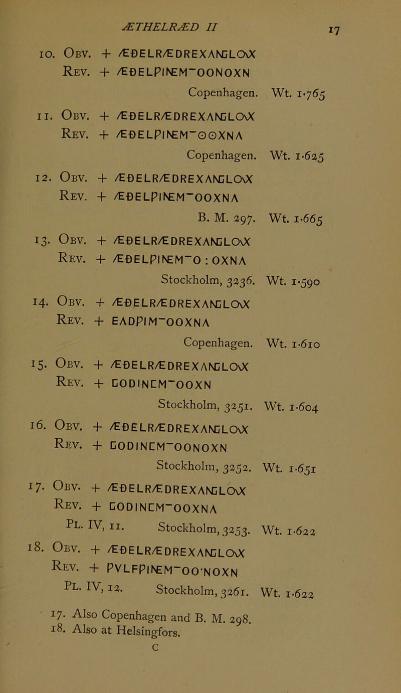 10. Obv. + /EBELR/EDREXANCLCXX Rev. + /EOELPlNEM^OONOXN Copenhagen. Wt. 1-755 11. Obv. + /E0ELR/edrexandlo\X Rev. + /E0ELPll^M~OOXNA Copenhagen. Wt. i-5a5 12. Obv. + /E0elr/edrexanclo\X Rev. + /E0ELPll^M~OOXNA B. M. 297. Wt. 1-655 13. Obv. + /E0ELR/EDREXANCLO\X Rev. + /E0ELPIN£M”O : OXNA Stockholm, 3235. Wt. 1-590 14. Obv. + /E0ELr/eorexam:lo\X Rev. + EAOPIM'OOXNA Copenhagen. Wt. i-5io 15. Obv. + /E0elr/edrexan:lo\X Rev. + COOINCM'OOXN Stockholm, 3251. Wt. i-5o4 16. Obv. + /E0ELR/edrexan:lo\X Rev. 4- COOINEM“OONOXN Stockholm, 3252. 17. Obv. + /E0ELr/edrexanclo\X Rev. + COOINCM“OOXNA Pl. IV, II. Stockholm,3253. 18. Obv. + /E0ELR/EdrexanclO\X Rev. + PVLFPlNEM~00‘N0XN Pl. IV, 12. Stockholm, 3261. Wt. 1-551 Wt. 1-522 Wt. 1-522 17. Also Copenhagen and B. M. 298. 18. Also at Helsingfors. C