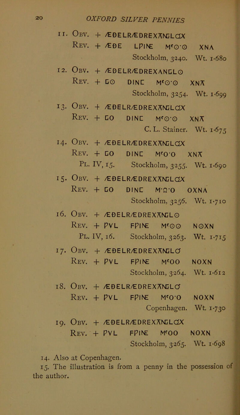 11. Obv. + /eoelr/edrexandlox Rev. + /EOE LPINE M'O'0 XNA Stockholm, 3240. Wt. i*68o 12. Obv. + /E0ELR/EDREXANCLO Rev. + DO DINC M*0’0 XNA Stockholm, 3254. Wt. 1-699 13. Obv. 4- /ebelr/edrexanclox Rev. 4- CO dine m^O'O xna C. L. Stainer. Wt. 1-675 14. Obv. 4- /EOELR/EDREXANDLOX Rev. 4- CO DINE M^O-O XNA Pl. IV, 15. Stockholm, 3255. Wt. 1-690 15. Obv. 4- /EBELR/EDREXANCLOX Rev. 4- CO DINE M-Q-0 OXNA Stockholm, 3256. Wt. 1-710 16. Obv. 4- /EDELR/EDREXANCLO Rev. 4- PVL FPINE M'OO NOXN Pl. IV, 16. Stockholm, 3263. Wt. 1-715 17. Obv. 4- /EBELR/EDREXANCLa Rev. 4- PVL FPiNE M'OO NOXN Stockholm, 3264. Wt. 1-612 18. Obv. 4- /EDELR/EDREXANCLa Rev. 4- PVL FPiNE M'O-O NOXN Copenhagen. Wt. 1-730 19. Obv. + /EBELR/EDREXAI^LOX Rev. 4- PVL FPiNE M^OO NOXN Stockholm, 3265. Wt. 1-698 14. Also at Copenhagen. 15. The illustration is from a penny in the possession of the author.