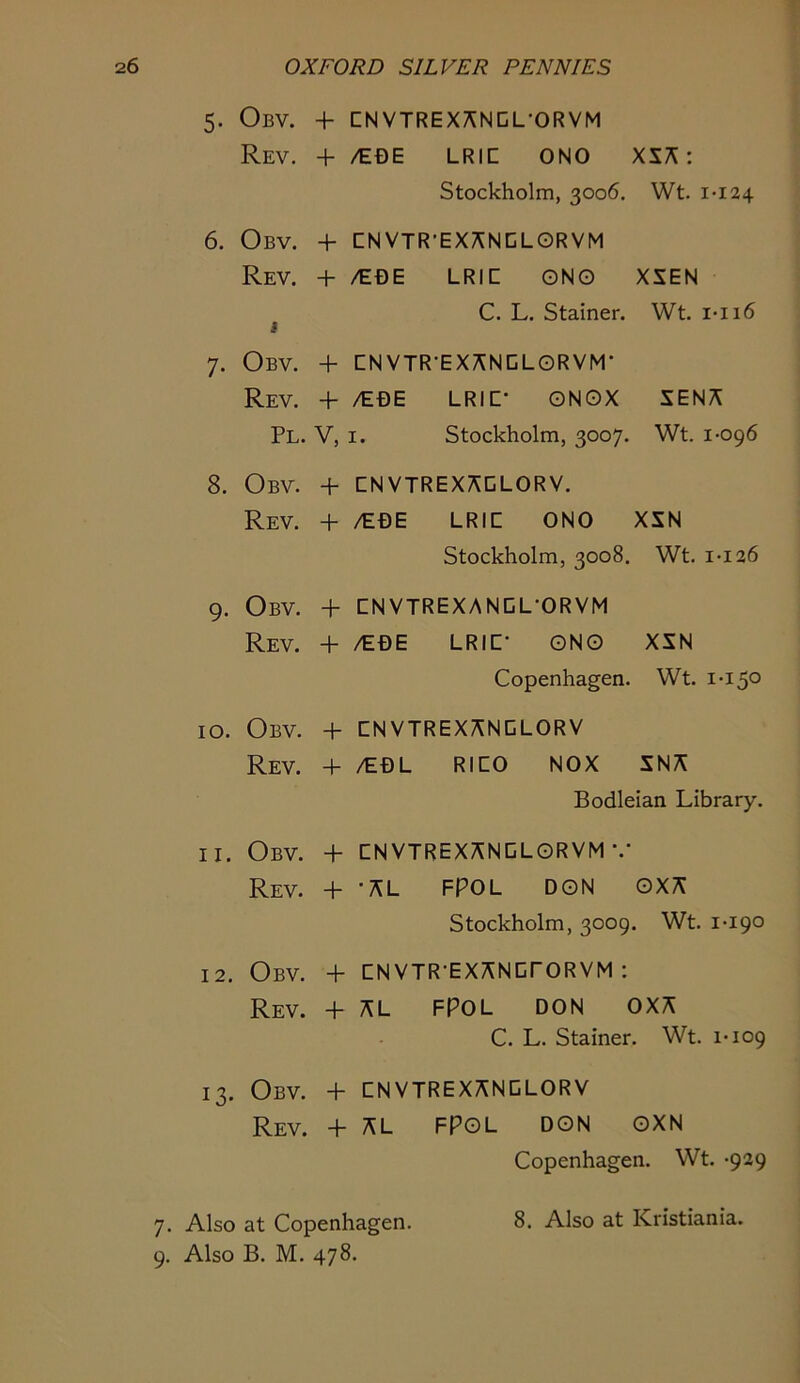 5. ObV. + CNVTREXANCL-ORVM Rev. + /E0E LRIC ONO xs;':: Stockholm, 3006. Wt. I-I24 6. Obv. + CNVTR’EXJ^NCLGRVM Rev. + /EDE LRIC ONO XSEN C. L. Stainer. Wt. i-ii6 j 7. Obv. + CNVTR-EX^NGLORVM- Rev. + /EOE LRIC- ONOX SENA Pl. V, I. Stockholm, 3007. Wt. 1-096 8. Obv. + CNVTREXACLORV. Rev. + /E0E LRIC ONO XSN Stockholm, 3008. Wt. 1-126 9. Obv. + CNVTREXANCL-ORVM Rev. + /E0E LRIC- ONO XSN Copenhagen. Wt. 1-15° 10. Obv. + CNVTREXANDLORV Rev. + /EDL RICO NOX SNA Bodleian Library. 11. Obv. + CNVTREXANOLORVM-.- Rev. + -AL FPOL DON OXA Stockholm, 3009. Wt. 1-190 12. Obv. + CNVTR-EXANCrORVM : Rev. + AL FPOL DON OXA C. L. Stainer. Wt. 1-109 13. Obv. + CNVTREXANDLORV Rev. + AL FPOL DON OXN Copenhagen. Wt. -929 7. Also at Copenhagen. 8. Also at Kristiania.