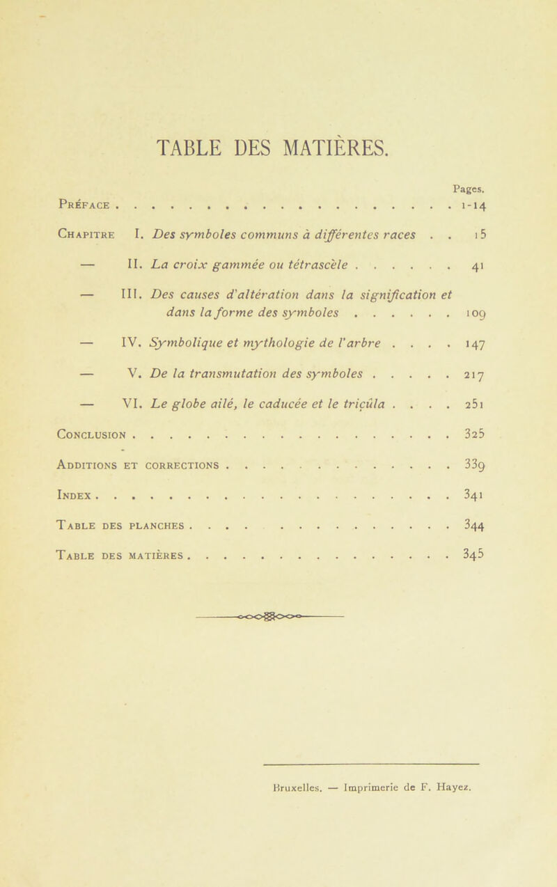 Pages. Préface 1-14 Chapitre I. Des symboles communs à différentes races . . i5 — II. La croix gammée ou tétrascèle 41 — III. Des causes d'altération dans la signification et dans la forme des symboles 109 — IV. Symbolique et mythologie de Varbre .... 147 V. De la transmutation des symboles 217 VI. Le globe ailé, le caducée et le triçûla .... 251 Conclusion 325 Additions et corrections 33g Index 341 Table des planches .... 344 Table des matières 345 Hruxelles. — Imprimerie de F. Hayez.