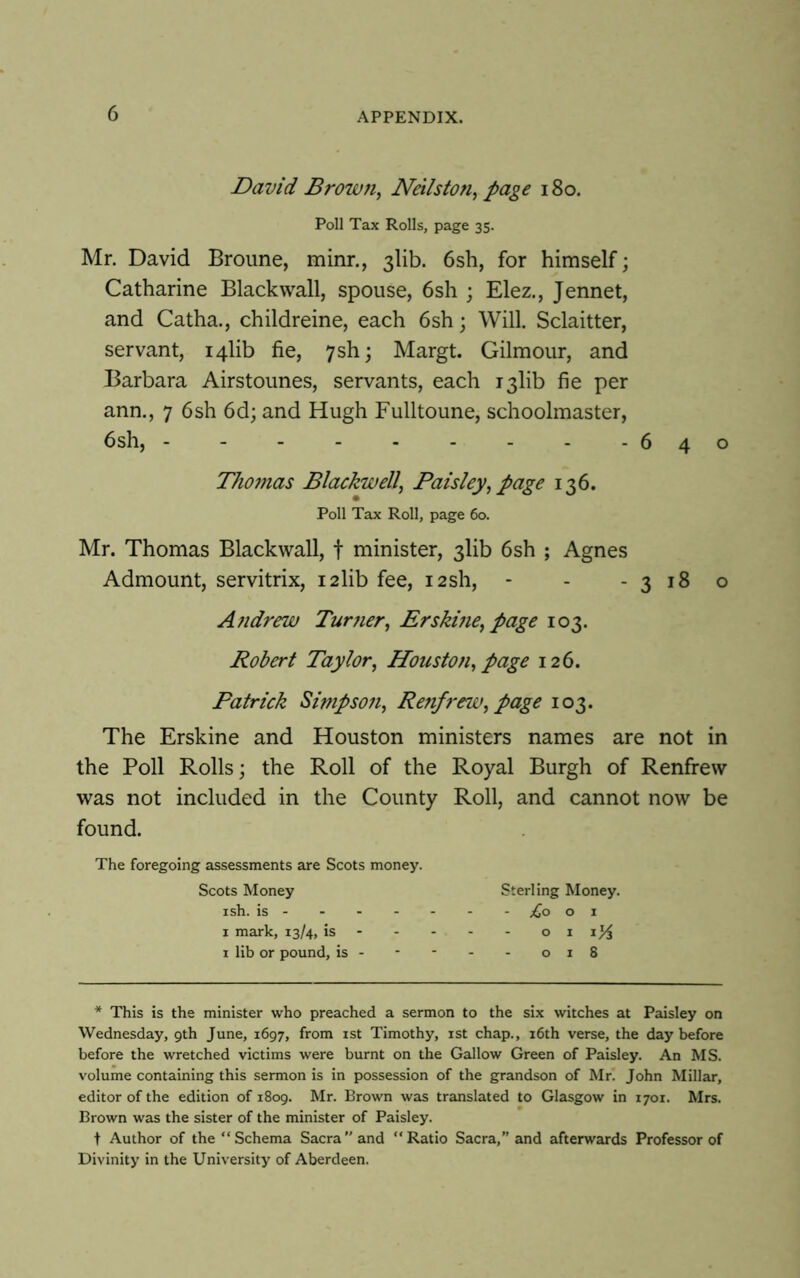 David Brown, Neils ton, page 180. Poll Tax Rolls, page 35. Mr. David Broune, minr., 3Kb. 6sh, for himself; Catharine Blackwall, spouse, 6sh ; Elez., Jennet, and Catha., childreine, each 6sh; Will. Sclaitter, servant, 14lib fie, 7sh; Margt. Gilmour, and Barbara Airstounes, servants, each 13Kb fie per ann., 7 6sh 6d; and Hugh Fulltoune, schoolmaster, 6sh, - - - - - - - - -640 Thomas Blackwell, Paisley, page 136. Poll Tax Roll, page 60. Mr. Thomas Blackwall, f minister, 3lib 6sh ; Agnes Admount, servitrix, i2lib fee, i2sh, - - - 3 18 o Andrew Turner, Erskine, page 103. Robert Taylor, Houston, page 126. Patrick Simpson, Refifrew, page 103. The Erskine and Houston ministers names are not in the Poll Rolls; the Roll of the Royal Burgh of Renfrew was not included in the County Roll, and cannot now be found. The foregoing assessments are Scots money. Scots Money Sterling Money. ish. is ^001 1 mark, 13/4, is o 1 1 lib or pound, is- - - - - 018 * This is the minister who preached a sermon to the six witches at Paisley on Wednesday, 9th June, 1697, from 1st Timothy, 1st chap., 16th verse, the day before before the wretched victims were burnt on the Gallow Green of Paisley. An MS. volume containing this sermon is in possession of the grandson of Mr. John Millar, editor of the edition of 1809. Mr. Brown was translated to Glasgow in 1701. Mrs. Brown was the sister of the minister of Paisley. t Author of the “Schema Sacra and “Ratio Sacra,” and afterwards Professor of Divinity in the University of Aberdeen.