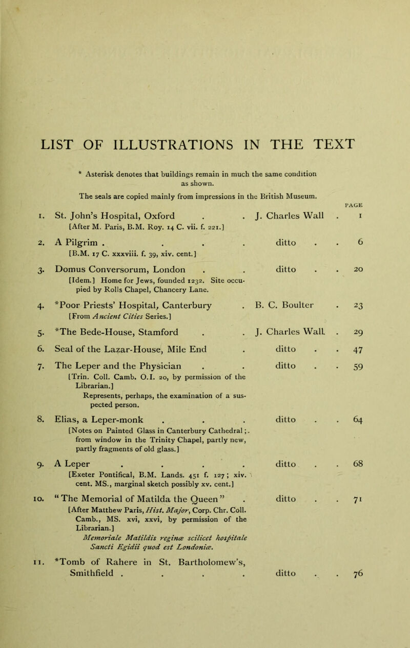 LIST OF ILLUSTRATIONS IN THE TEXT * Asterisk denotes that buildings remain in much the same condition as shown. The seals are copied mainly from impressions in the British Museum. PAGE I. St. John’s Hospital, Oxford . . J. Charles Wall . i [After M. Paris, B.M. Roy. 14 C. vii. f. 221.] 2. 3- 4- 5- 6. 7. 8. 9- 10. II. A Pilg-rim . ... [B.M. 17 C. xxxviii. f. 39, xiv. cent.] ditto 6 Domus Conversorum, London [Idem.] Home for Jews, founded 1232. Site occu- pied by Rolls Chapel, Chancery Lane. ditto 20 *Poor Priests’ Hospital^ Canterbury [From Ancient Cities Series.] B. C. Boulter 23 *The Bede-House, Stamford J. Charles Wall 29 Seal of the Lazar-House, Mile End ditto 47 The Leper and the Physician [Trin. Coll. Camb. O.I. 20, by permission of the Librarian.] Represents, perhaps, the examination of a sus- pected person. ditto 59 Elias, a Leper-monk [Notes on Painted Glass in Canterbury Cathedral;, from window in the Trinity Chapel, partly new, partly fragments of old glass.] ditto 64 A Leper .... [Exeter Pontifical, B.M. Lands. 451 f. 127 ; xiv. cent. MS., marginal sketch possibly xv. cent.] ditto 68 “ The Memorial of Matilda the Queen ” ditto 71 [After Matthew Paris, Hist. Major^ Corp. Chr. Coll. Camb., MS. xvi, xxvi, by permission of the Librarian.] Memoriale Matildis regince scilicet hospitale Sancti Egidii quod est Londonice. *Tomb of Rahere In St. Bartholomew’s, Smithfield .... ditto . . 76