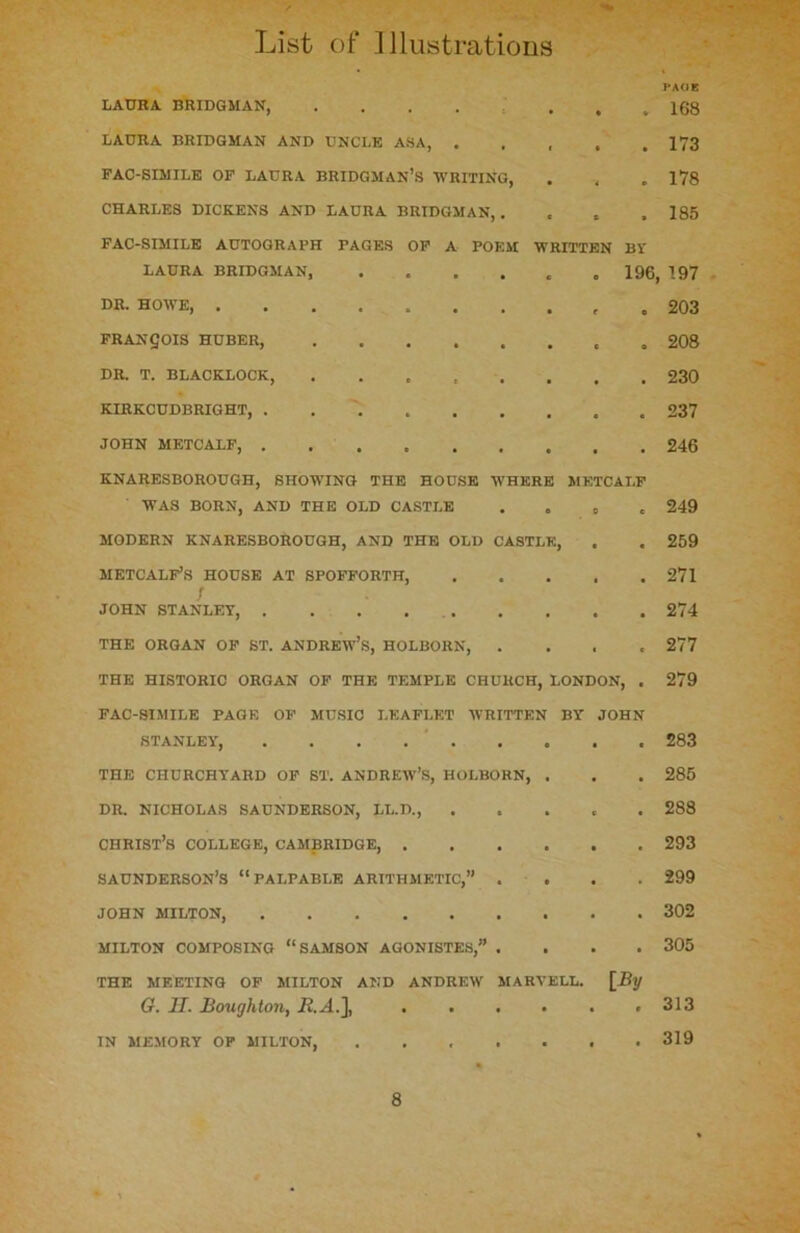 LAURA. BRIDGMAN ... LAURA BRIDGMAN AND UNCLE ASA, ..... FAC-SIMILE OF LAURA BRIDGMAN’S WRITING, CHARLES DICKENS AND LAURA BRIDGMAN,. FAC-SIMILE AUTOGRAPH PAGES OF A POEM WRITTEN BY LAURA BRIDGMAN, ...... 196, DR. HOWE, .......... FRANQOIS HUBER, DR. T. BLACKLOCK, ........ KIRKCUDBRIGHT, JOHN METCALF, KNARESBOROUGH, SHOWING THE HOUSE WHERE METCALF WAS BORN, AND THE OLD CASTLE . . , MODERN KNARESBOROUGH, AND THE OLD CASTLE, METCALF’S HOUSE AT SPOFFORTH, t JOHN STANLEY, . . . THE ORGAN OF ST. ANDREW’S, HOLBORN, .... THE HISTORIC ORGAN OF THE TEMPLE CHURCH, LONDON, . FAC-SIMILE PAGE OF MUSIC LEAFLET WRITTEN BY JOHN STANLEY, THE CHURCHYARD OF ST. ANDREW’S, HOLBORN, . DR. NICHOLAS SAUNDERSON, LL.D., ..... Christ’s college, Cambridge, saunderson’s “palpable arithmetic,” . . JOHN MILTON, MILTON COMPOSING “SAMSON AGONISTES,” .... THE MEETING OF MILTON AND ANDREW MARVELL. [By G. 21. Houghton, Ai.], IN MEMORY OF MILTON, ....... PAGE 168 173 178 185 197 203 208 230 237 246 249 259 271 274 277 279 283 285 288 293 299 302 305 313 319