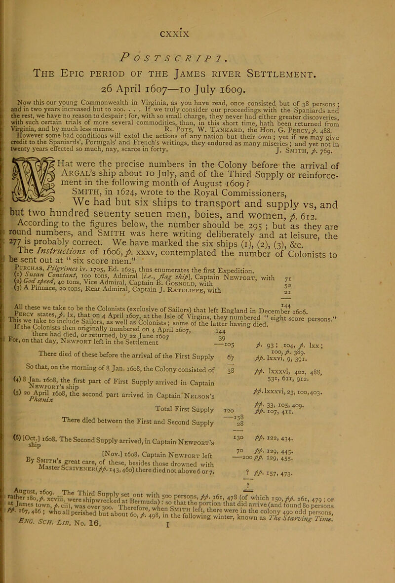 Postscript. The Epic period of the James river Settlement. 26 April 1607—10 July i6og. Now this our young Commonwealth in Virginia, as you have read, once consisted but of 38 persons ; I and in two years increased but to 200. ... If we truly consider our proceedings with the Spaniards and the rest, we have no reason to despair; for, with so small charge, they never had either greater discoveries with such certain trials of more several commodities, than, in this short time, hath been returned frorn Virginia, and by much less means. R. Pots, W. Tankard, the Hon. G. Percy,/. 488. However some bad conditions will extol the actions of any nation but their own ; yet if we may give credit to the Spaniards’, Portugals’ and French’s writings, they endured as many miseries ; and yet not in twenty years eflfected so much, nay, scarce in forty. J. Smith /. 769. Hat were the precise numbers in the Colony before the arrival of Argal’s ship about 10 July, and of the Third Supply or reinforce- ment in the following month of August 1609 ? Smith, in 1624, wrote to the Royal Commissioners, We had but six ships to transport and supply vs, and but two hundred seuenty seuen men, holes, and women, p. 612. According to the figures below, the number should be. 295 ; but as they are round numbers, and Smith was here writing deliberately and at leisure, the 277 IS probably correct. We have marked the six ships (i), (2), (3), &c. Instructions of 1606, p. xxxv, contemplated the number of Colonists to be sent out at “ six score men.” ’ PuRCHAS, Pilgnmes iv. 1705, Ed. 1625, thus enumerates the first Expedition. tons Admiral {i.e., flag shifi], Captain Newport, with Y\ 4° tons, Vice Admiral, Captain B. Gosnold, with (3) A Pinnace, 20 tons. Rear Admiral, Captain J. Ratcliefe, with 71 52 21 pL‘c’f ’Ir ‘I’® Colonists (exclusive of Sailors) that left England in Decembe? 1606, Th:f ^ April 1607 at the Isle of Virgins, they numbered “ eight score If IR to include Sailors, as well as Colonists ; some of the latter having died, n the Colonists then originally numbered on 4 April 1607, 144 there had died, or returned, by 22 June 1607 20 » or, on that day, Newport left in the Settlement —103 persons.” There died of these before the arrival of the First Supply So that, on the morning of 8 Jan. 1608, the Colony consisted of ^ NEWp^RT's’ship^^ Supply arrived in Captain arrived in Captain'Nelson’s Total First Supply There died between the First and Second Supply *28 6’? 33 120 -158 /• 93 ; 104, /. Lkx ; 100,/. 389. //. Ixxvi, 9, 391. //. Ixxxvi, 402, 488, 531, 611, 912. //. Ixxxvi, 23,100,403. PI- 33. 105, 409. Ip. 107, 411. ^*^ship Supply arrived, in Captain Newport’.s [Nov.] i6o8. Captain Newport left care of these, besides those drowned with Master Scrivener!//. 143,460) there died not above 6 or 7. 130 //• 122, 434. 70 //. 129, 445. 200 //. 129, 455. ? M 157. 473- ! «‘her .80,/^cviii, werlSwrecS at Bermurin^ (of which 150,//. t6i, 479 ; or ■ t <-•>. was over 3^^ There^^^^^^ SopLsons PP. 167, 486 ; who all perished but about ef i ’aoS^ in fhl fn I ' ' ’‘iPersons, ^ 490. in the following winter, known as y/icAVaj ■ - -cwc. Sen. Lid. No. 16. ; iitarving Time.